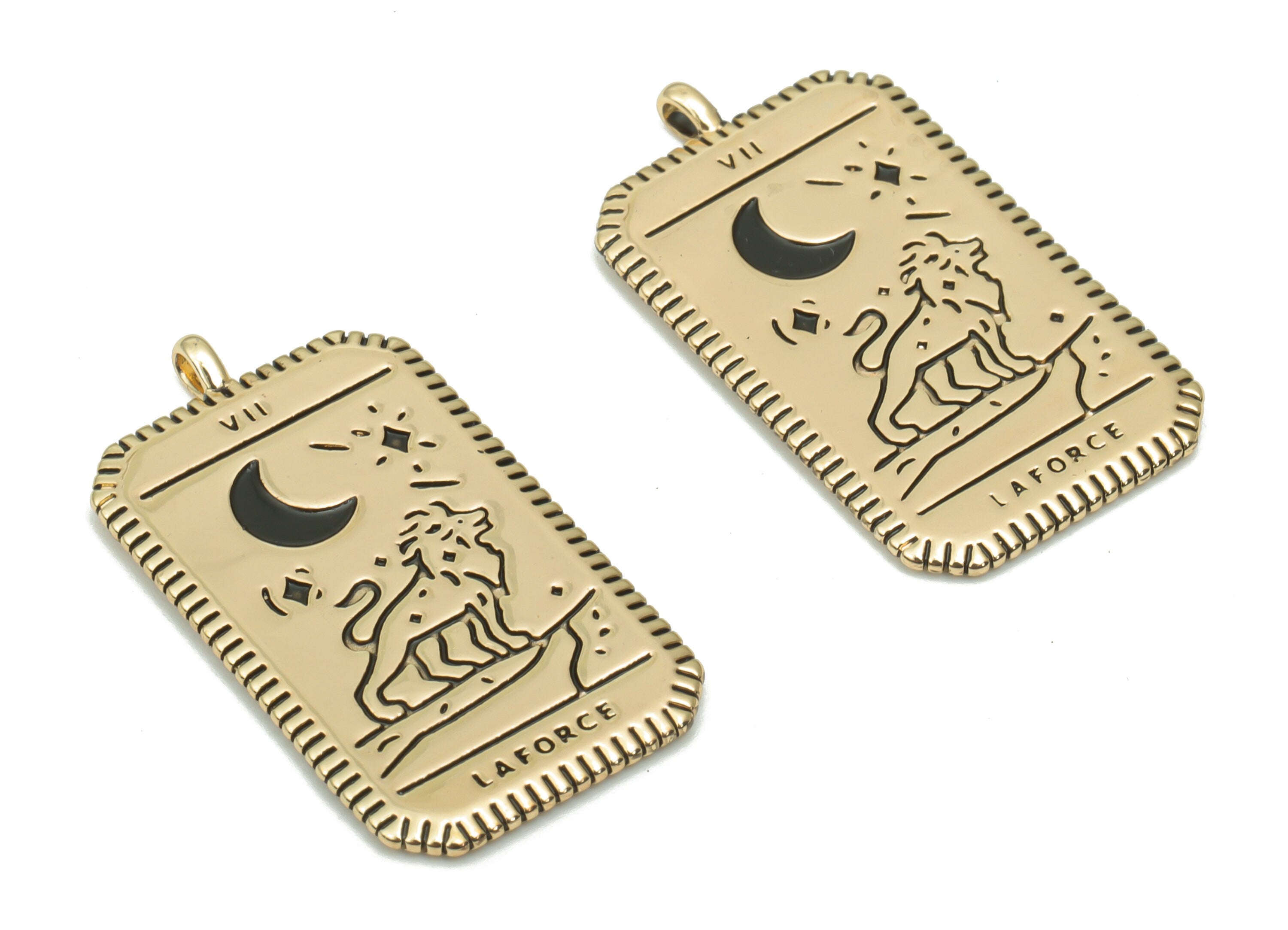 Brass Rectangle Planet Crescent Earring Charms - Enamel Lion Moon Star Pendant - 18K Real Gold Plating - 27.63x15.08x1.26mm - RGP4350A - DOMEDBAZAAR