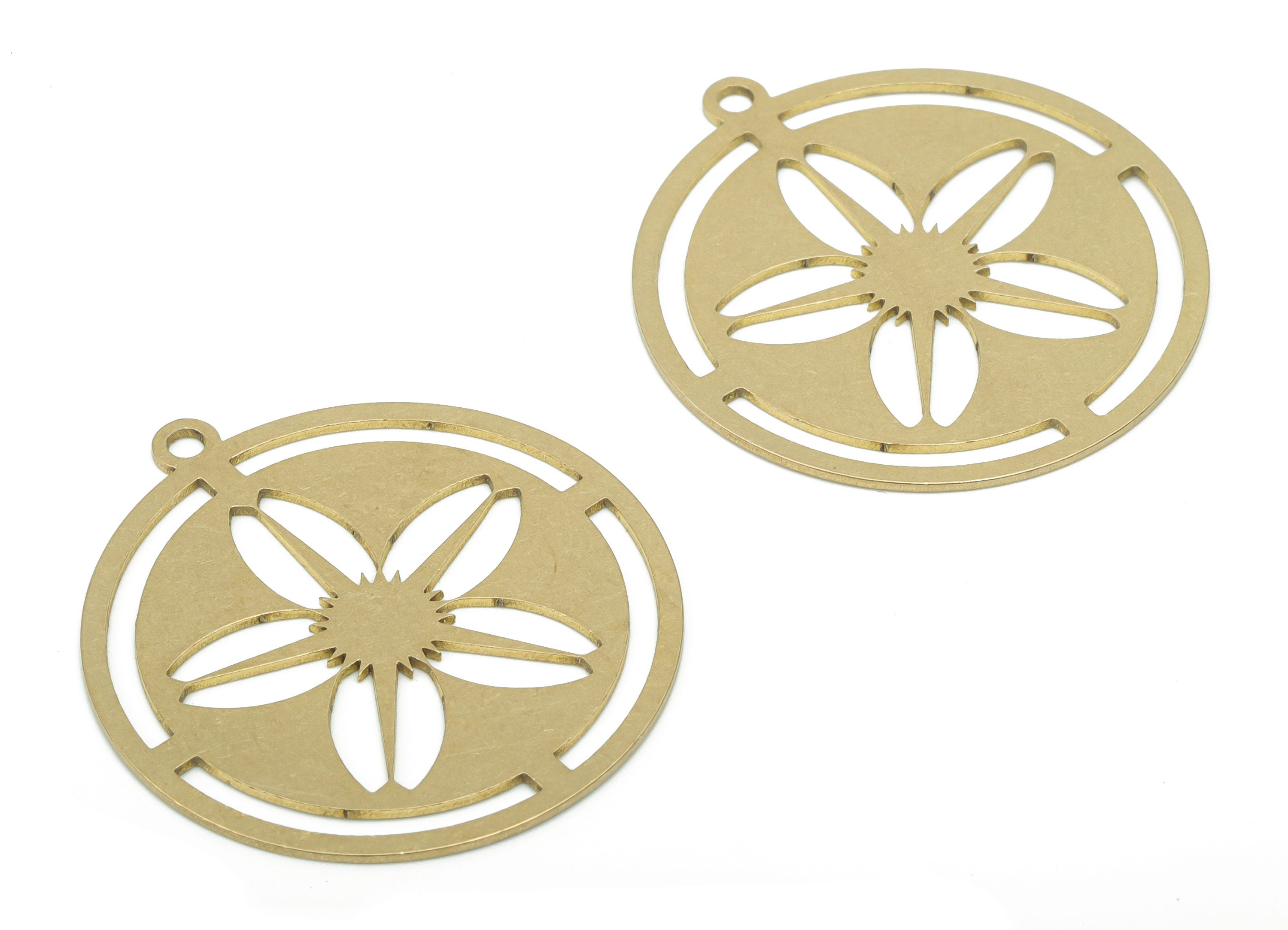 Brass Round Flower Earring Charms - Raw Brass Sun Circle Pendant - DIY Jewelry Making Supplies - 34.86x31.87x0.65mm - PPA2803 - DOMEDBAZAAR