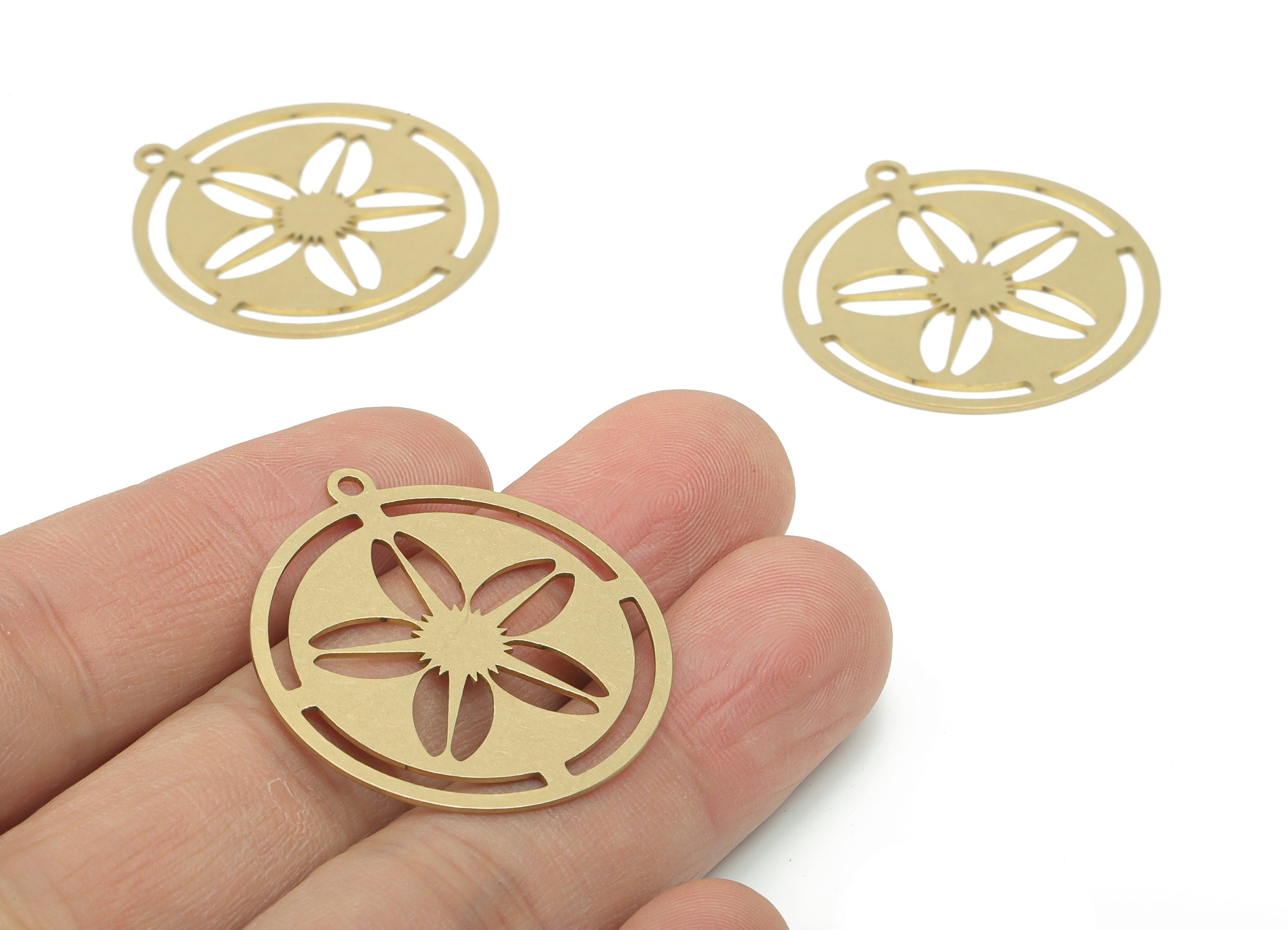 Brass Round Flower Earring Charms - Raw Brass Sun Circle Pendant - DIY Jewelry Making Supplies - 34.86x31.87x0.65mm - PPA2803 - DOMEDBAZAAR