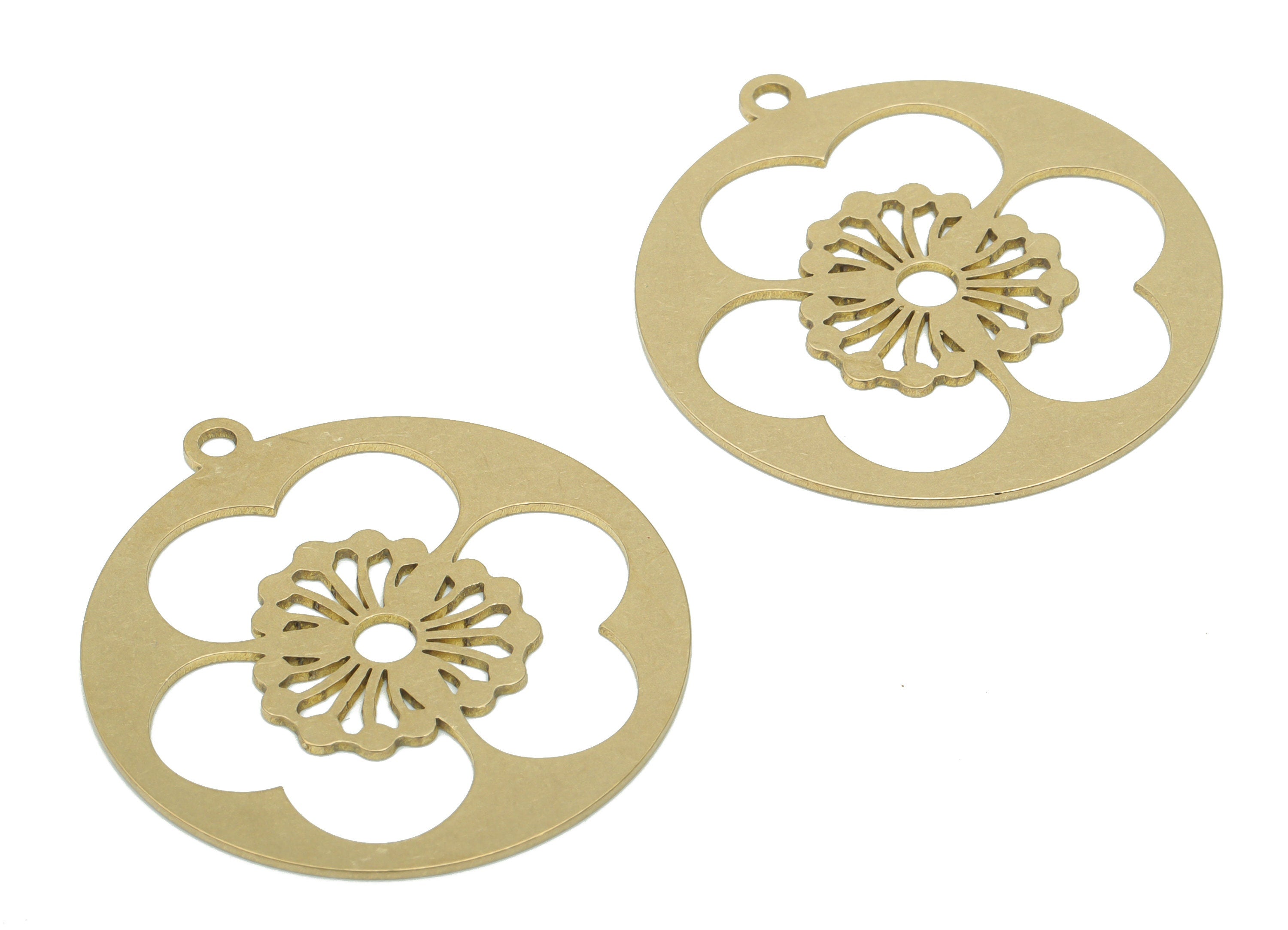 Brass Round Flower Earring Charms - Raw Brass Sun Circle Pendant - DIY Jewelry Making Supplies - 34.77x31.95x0.64mm - PPA2806 - DOMEDBAZAAR