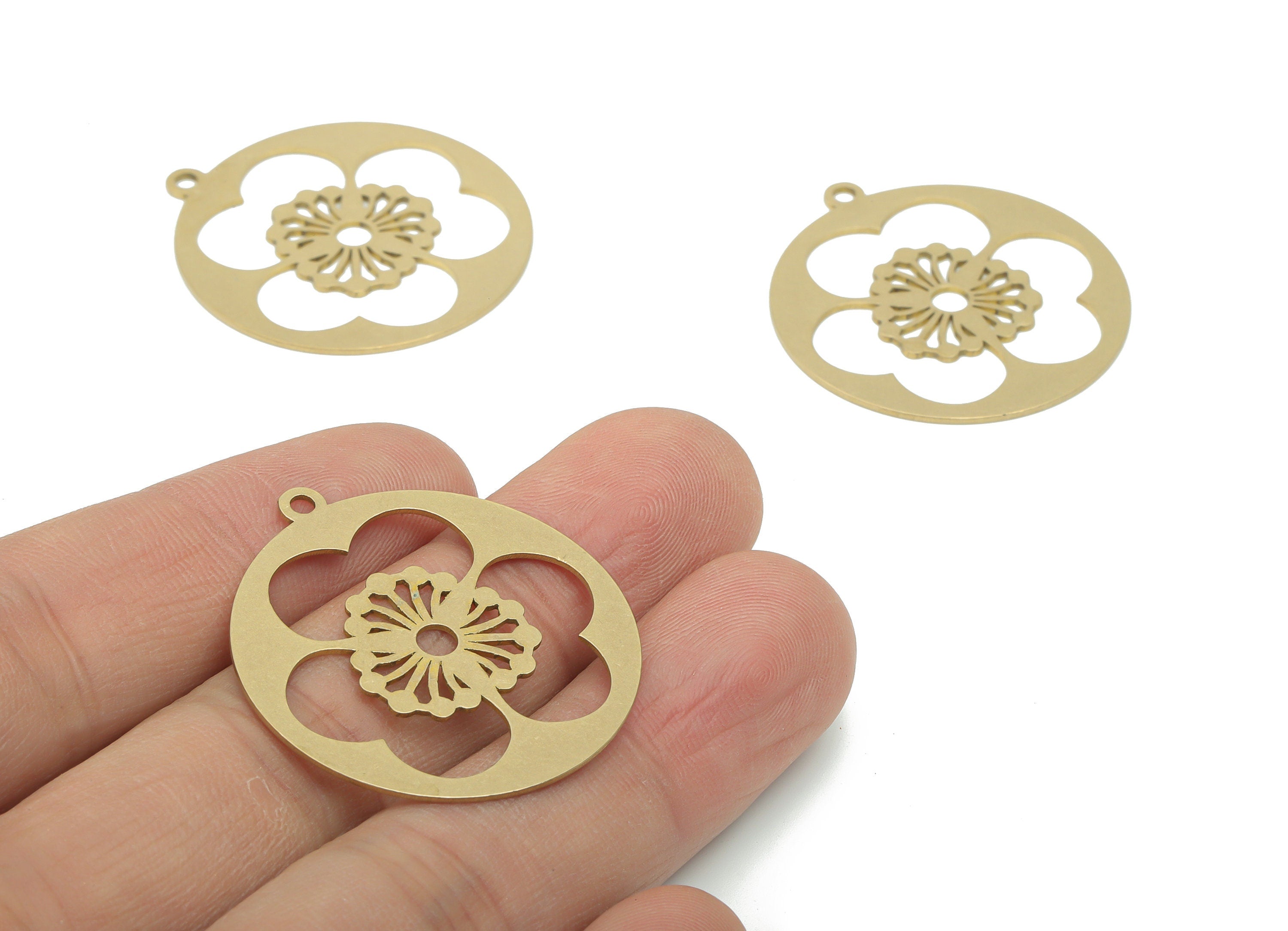 Brass Round Flower Earring Charms - Raw Brass Sun Circle Pendant - DIY Jewelry Making Supplies - 34.77x31.95x0.64mm - PPA2806 - DOMEDBAZAAR