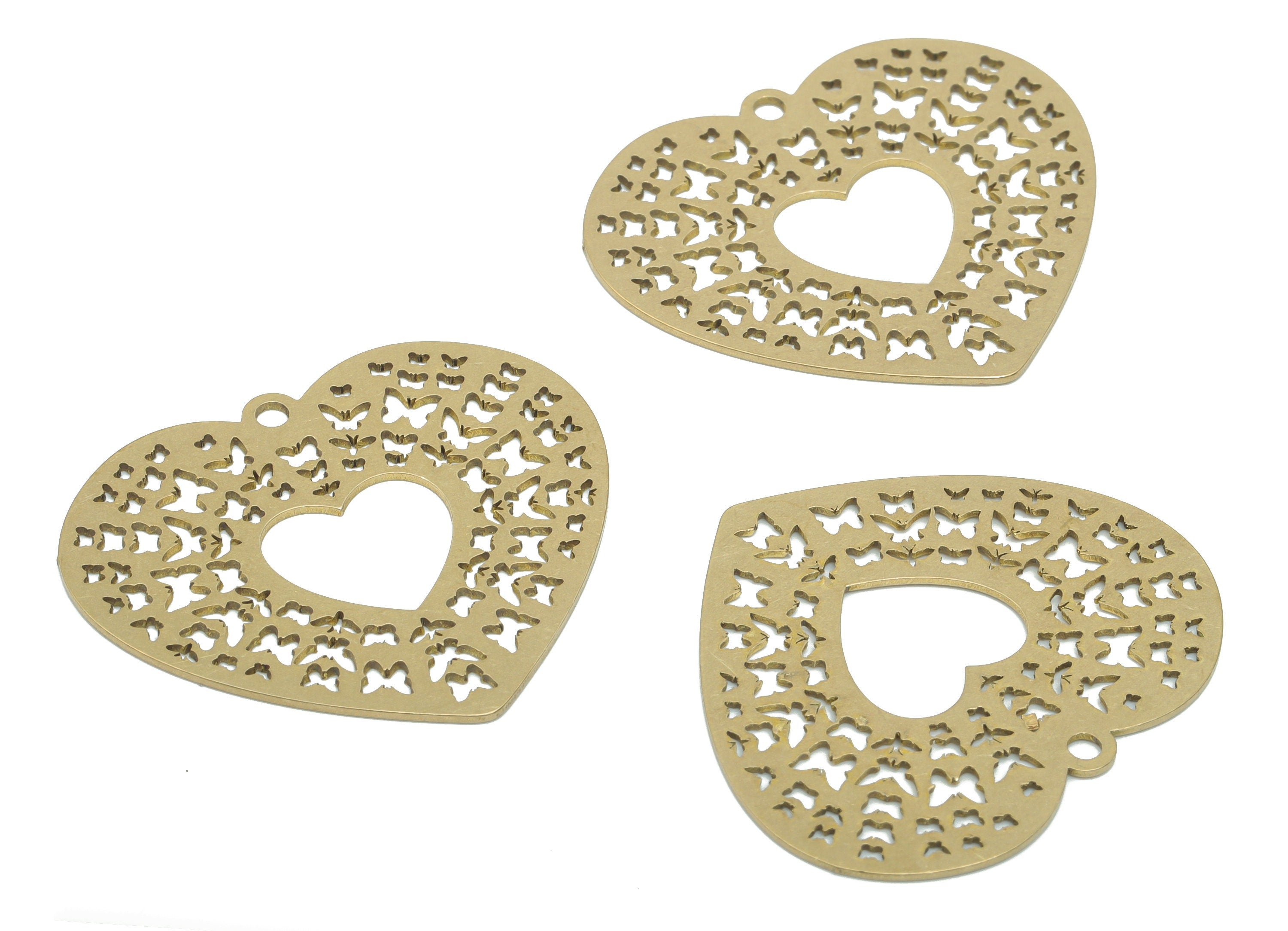 Brass Heart Butterflies Earring Charms - Raw Brass Butterflies Heart Pendant - DIY Jewelry Making Supplies - 35.73x30.77x0.62mm - PPA2896 - DOMEDBAZAAR