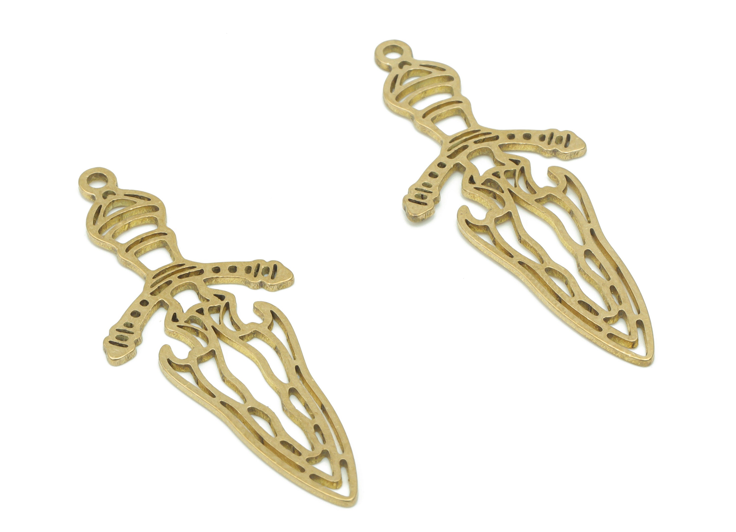 Brass Dagger Knife Earring Charms - Raw Brass Dagger Pendant - DIY Jewelry Making Supplies - 39.43x16.09x0.7mm - PPA2968 - DOMEDBAZAAR
