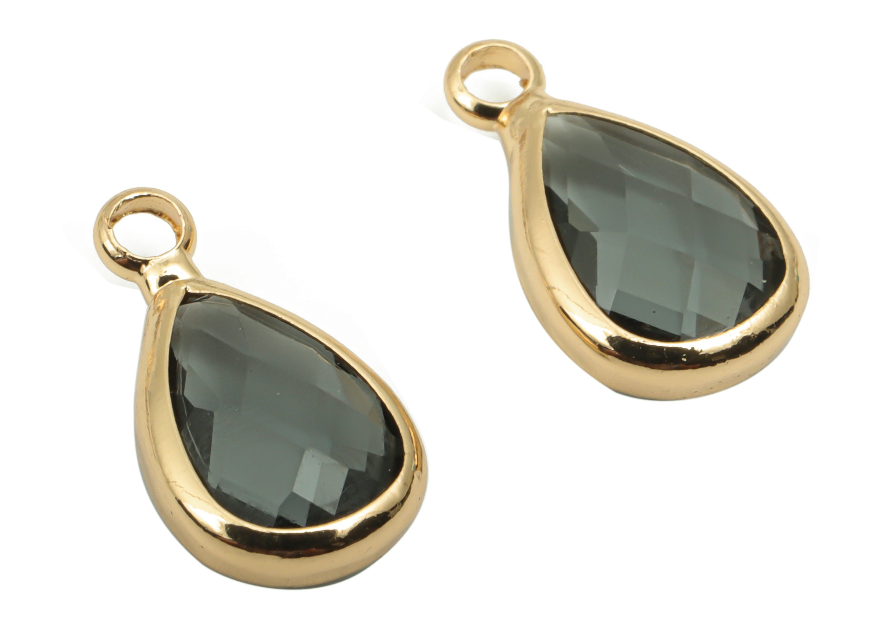 Glass Drop Earring Charms - Brass Teardrop Frame Pendant - Gold Tone Plated Brass - Faceted Glass - 13.82x7.62x3.98mm - GS1121B - DOMEDBAZAAR