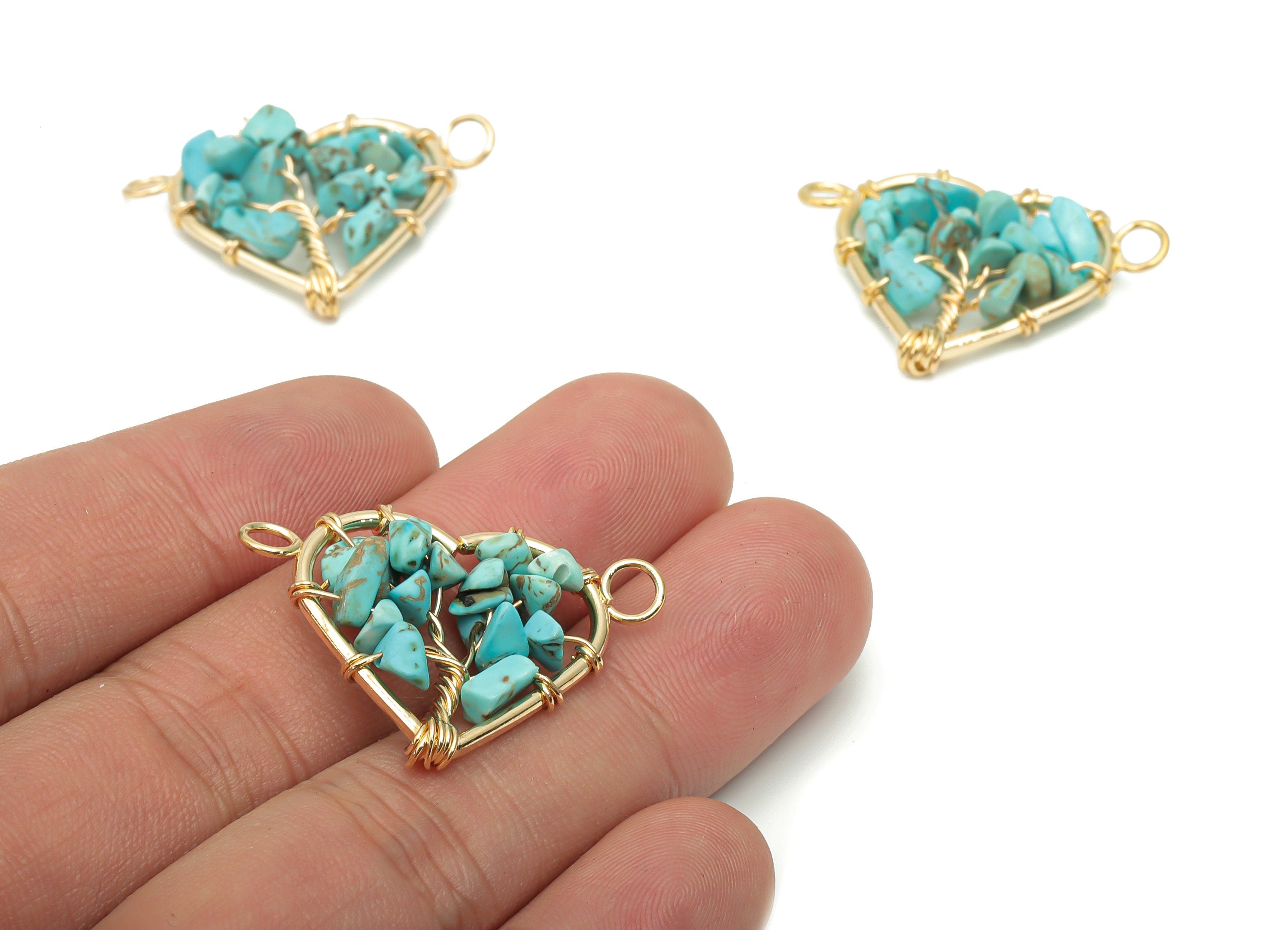 Turquoise Heart Connectors - Brass Wire Wrapped Tree of Life Charms - Natural Stones Chips - Gold Tone Plated Brass – 31.2x24x7.9mm– NS1740F - DOMEDBAZAAR
