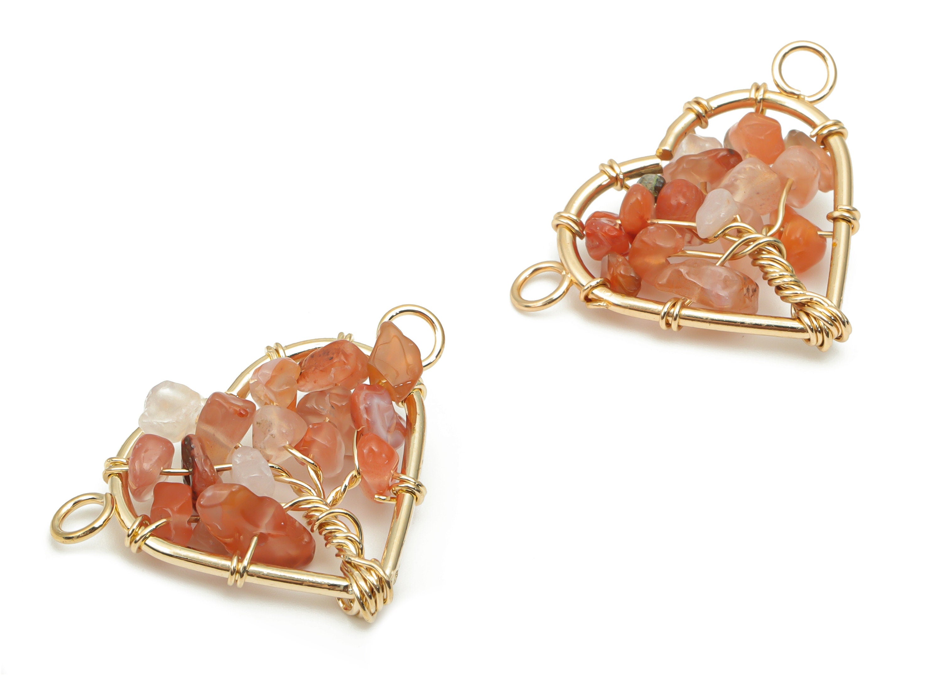 Red Agate Heart Connectors - Brass Wire Wrapped Tree of Life Charms - Natural Stones Chips - Gold Tone Plated Brass – 31.2x24x7.9mm– NS1740E - DOMEDBAZAAR