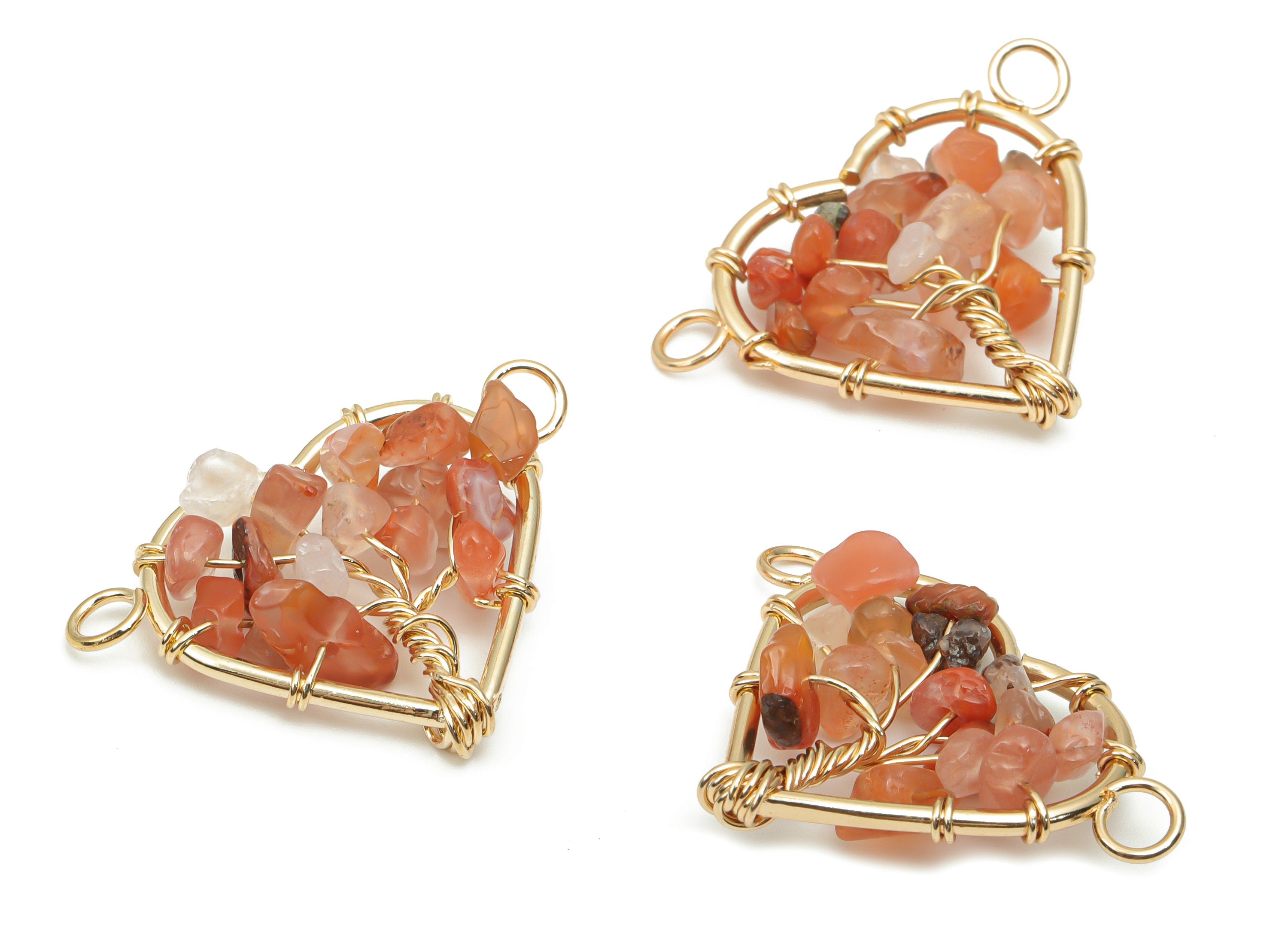 Red Agate Heart Connectors - Brass Wire Wrapped Tree of Life Charms - Natural Stones Chips - Gold Tone Plated Brass – 31.2x24x7.9mm– NS1740E - DOMEDBAZAAR