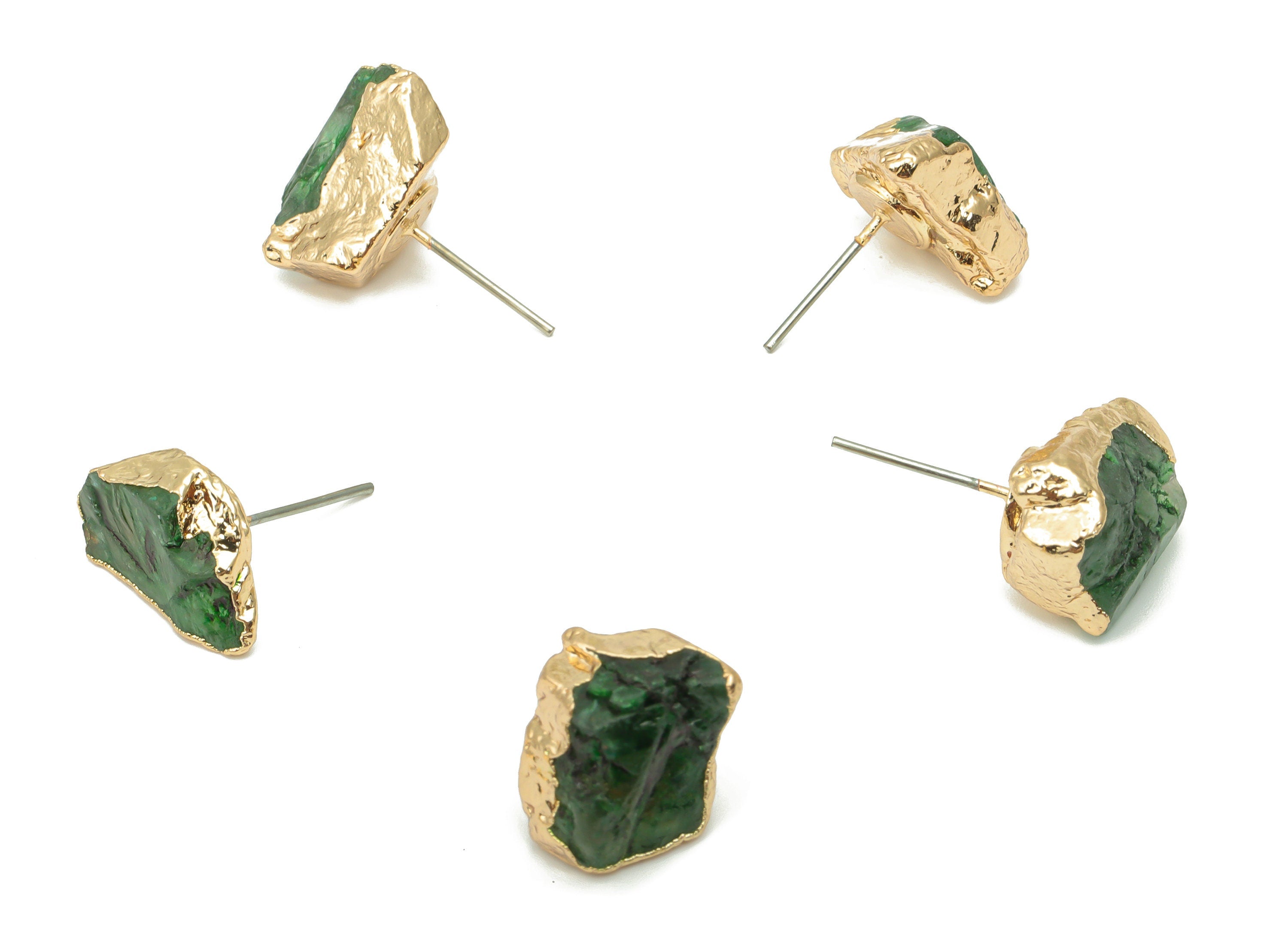 Green Fluonite Raw Stone Earring Stud - Natural Stone Earring Post -  Gold Tone Plated Stone – Stainless Steel Stud - 12x11x8mm – NS1741A - DOMEDBAZAAR
