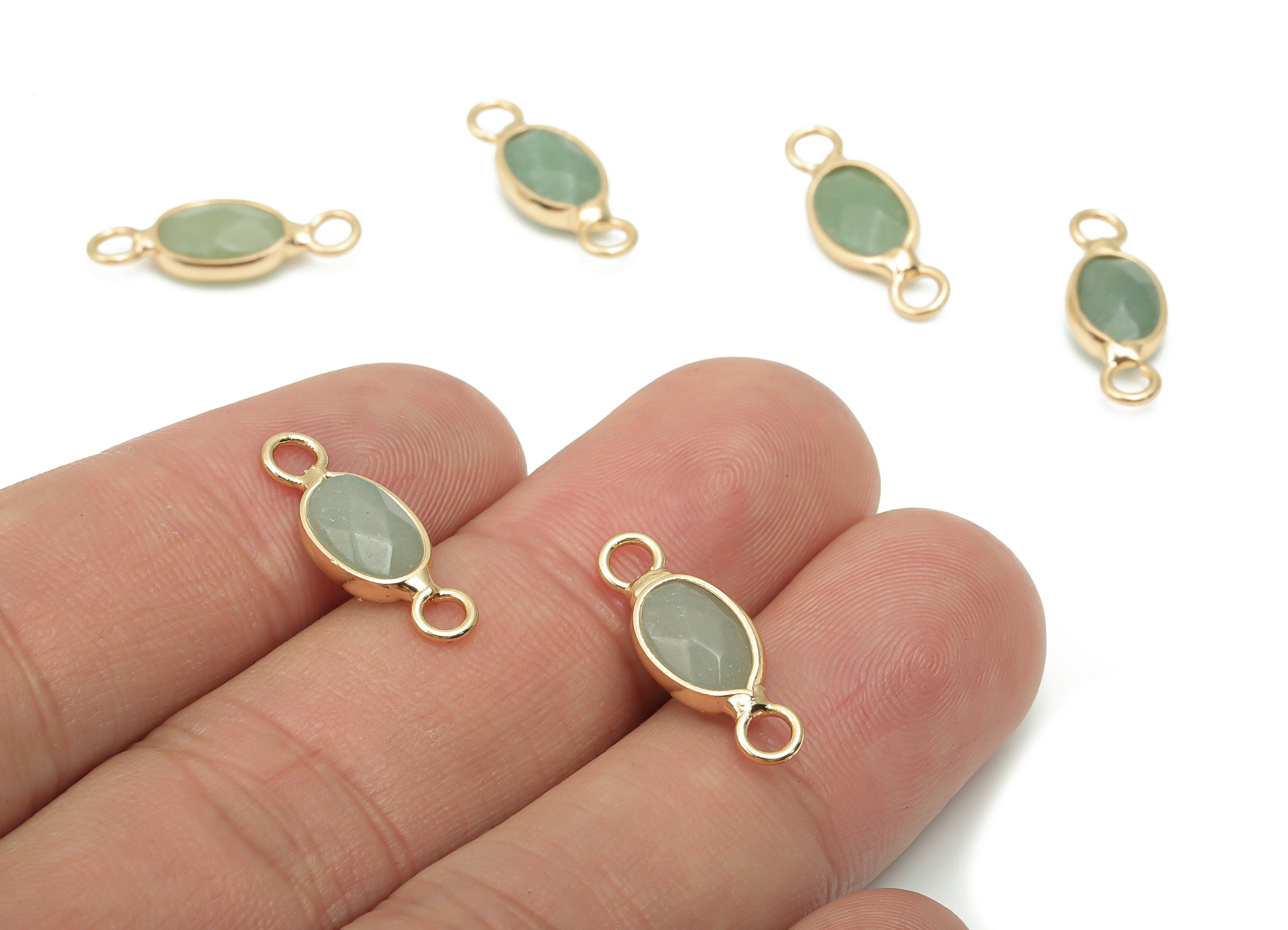 Aventurine Faceted Oval Earring Connectors - Brass Oval Bracelet - Natural Stone - Gold Tone Plated Brass – 18.72x7.02x4.6mm – NS1755A - DOMEDBAZAAR