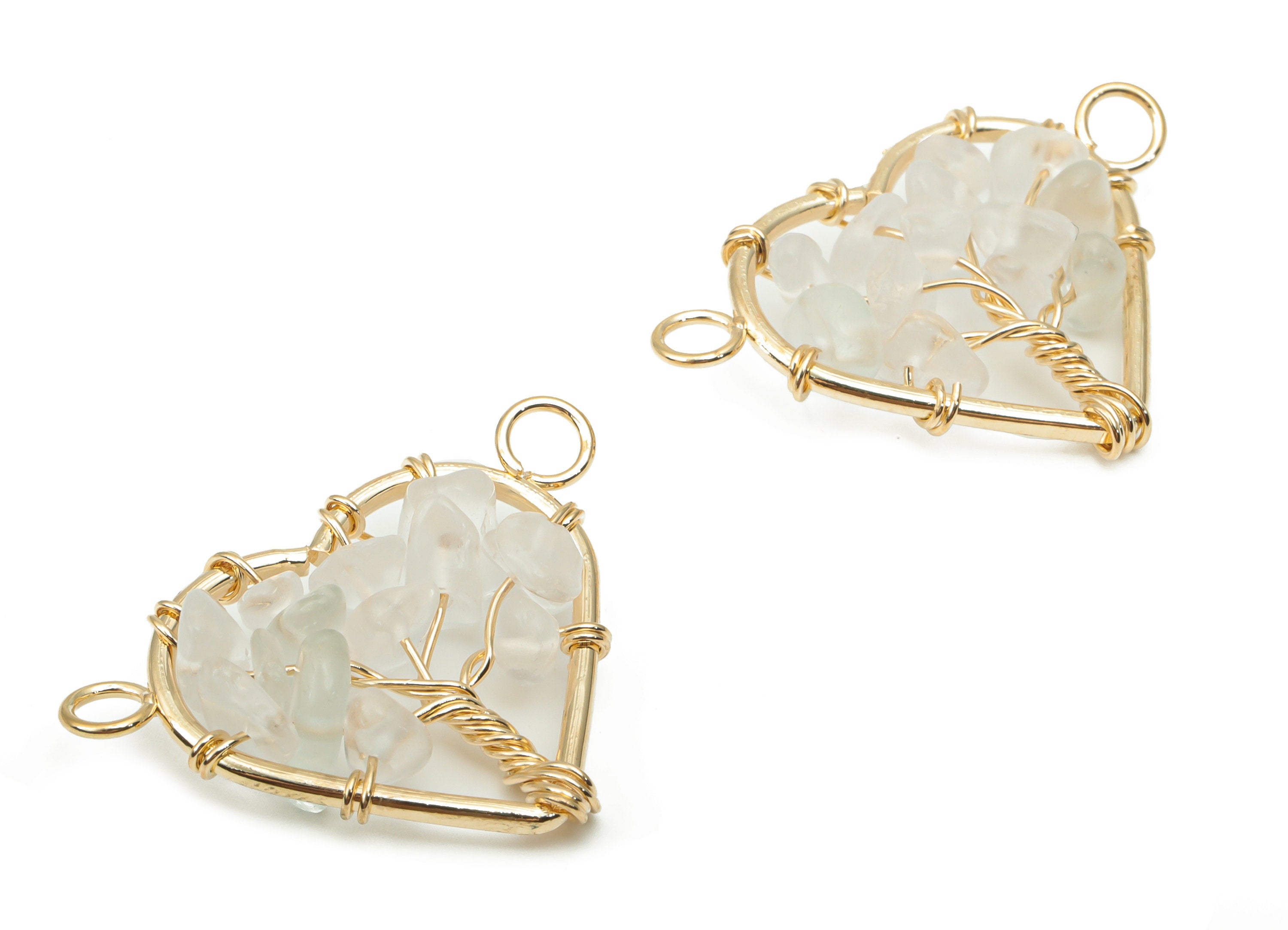 Clear Quartz Heart Connectors - Brass Wire Wrapped Tree of Life Charms - Natural Stones Chips - Gold Tone Plated Brass – 31x24x8mm – NS1740A - DOMEDBAZAAR