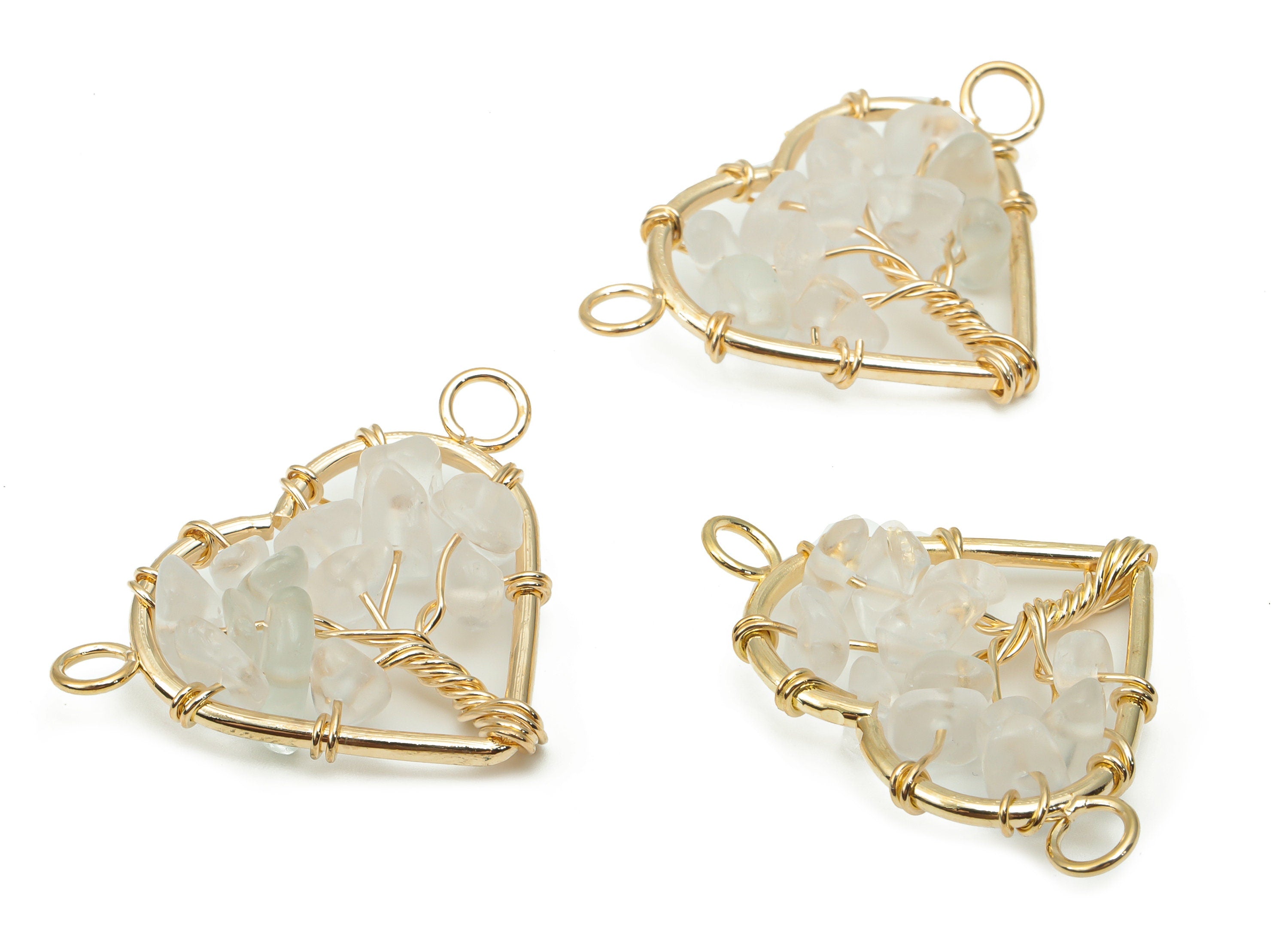 Clear Quartz Heart Connectors - Brass Wire Wrapped Tree of Life Charms - Natural Stones Chips - Gold Tone Plated Brass – 31x24x8mm – NS1740A - DOMEDBAZAAR