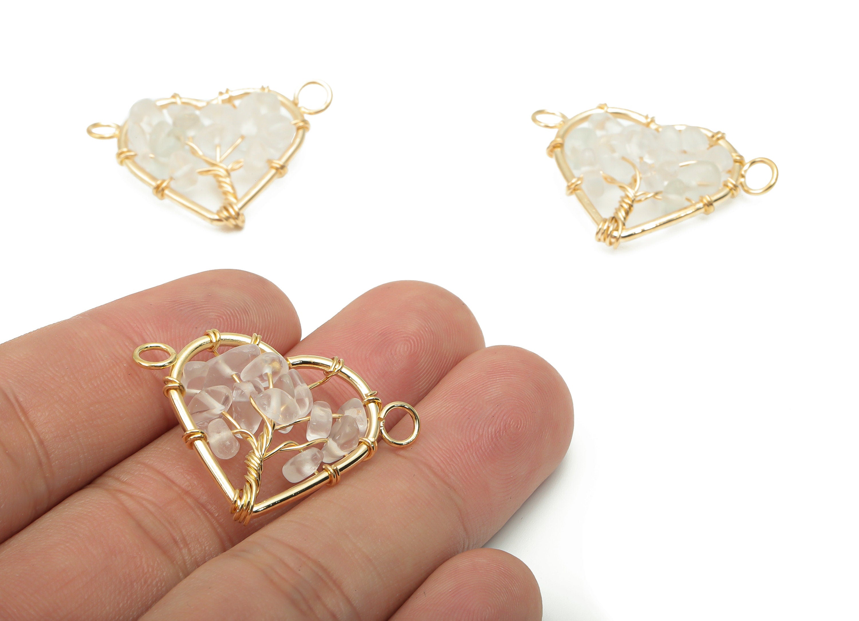 Clear Quartz Heart Connectors - Brass Wire Wrapped Tree of Life Charms - Natural Stones Chips - Gold Tone Plated Brass – 31x24x8mm – NS1740A - DOMEDBAZAAR
