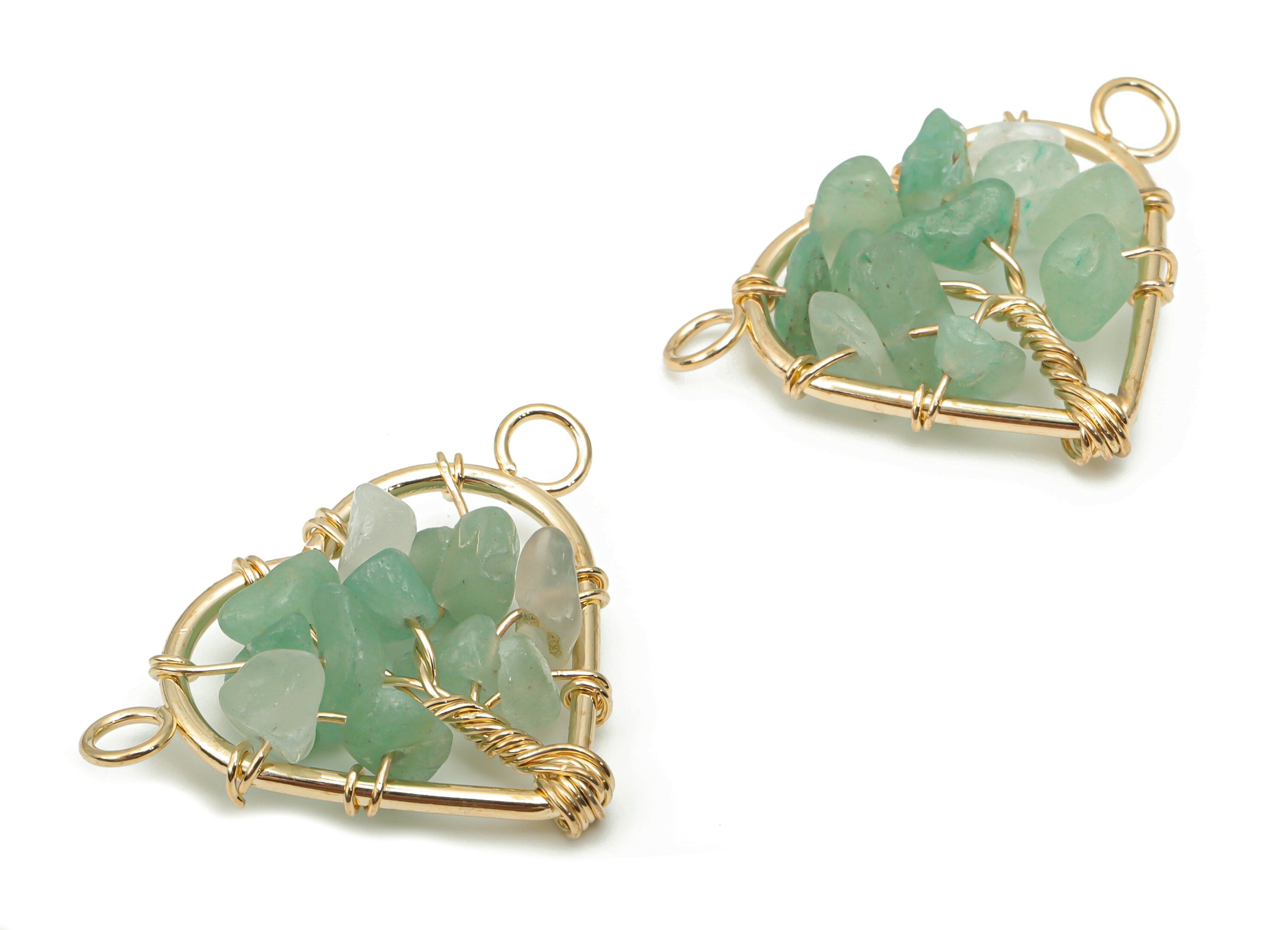 Aventurine Heart Connectors - Brass Wire Wrapped Tree of Life Charms - Natural Stones Chips - Gold Tone Plated Brass – 31x24x8mm – NS1740D - DOMEDBAZAAR