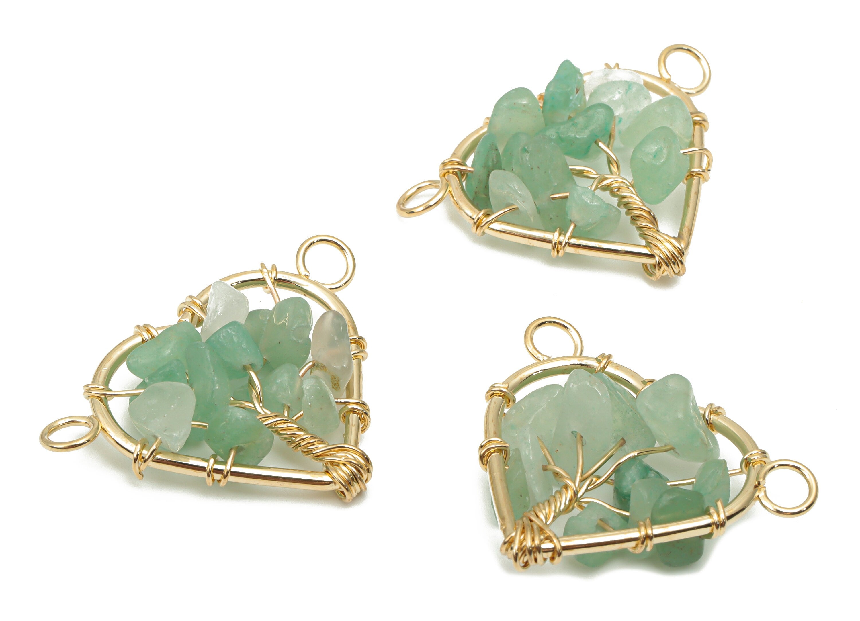 Aventurine Heart Connectors - Brass Wire Wrapped Tree of Life Charms - Natural Stones Chips - Gold Tone Plated Brass – 31x24x8mm – NS1740D - DOMEDBAZAAR