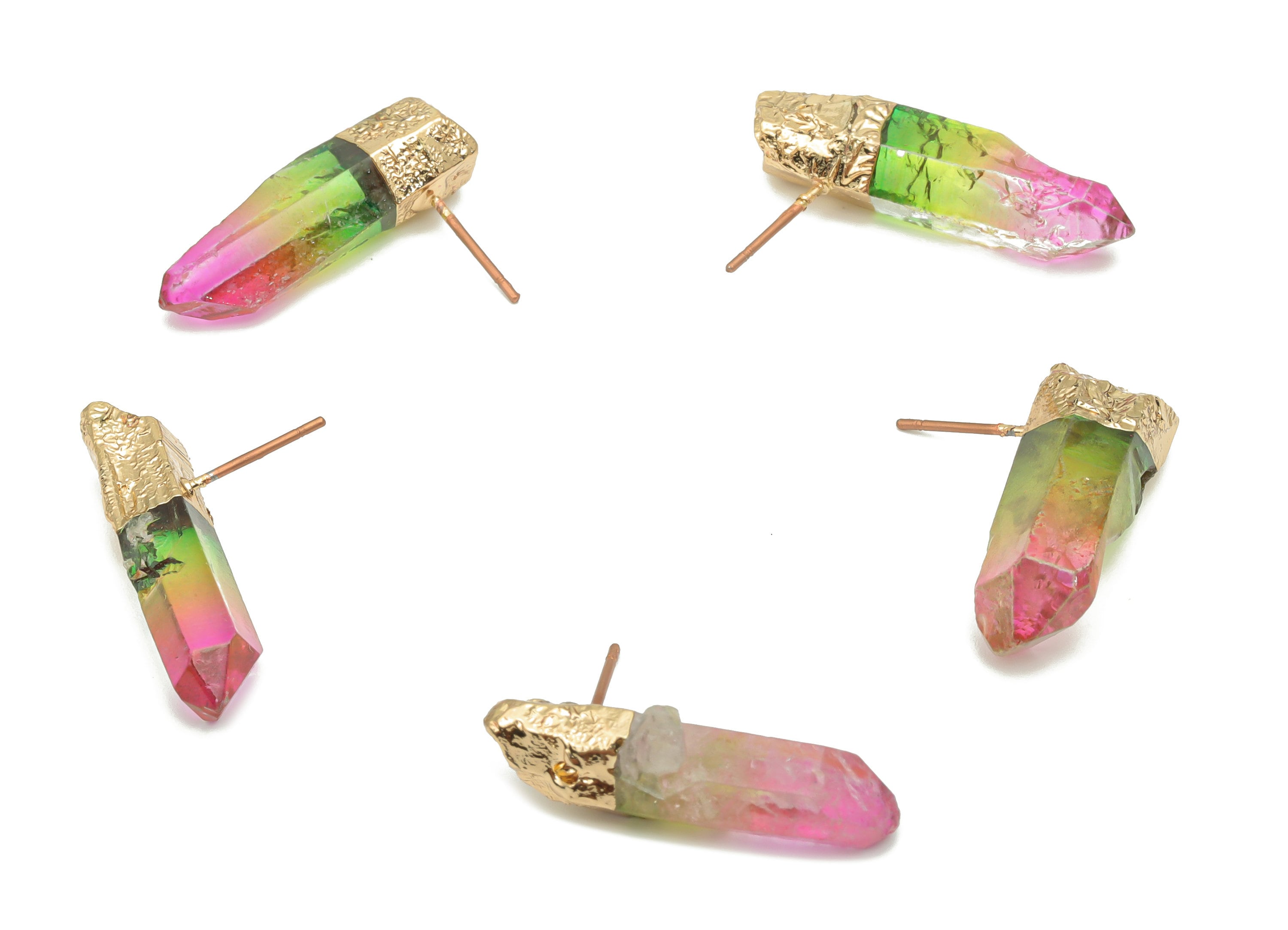 Rainbow Aura Quartz Crystal Earring Stud - Natural Stone Earring Post -  Gold Tone Plated Stone – Stainless Steel Stud - 24x7x6mm –NS1742B - DOMEDBAZAAR