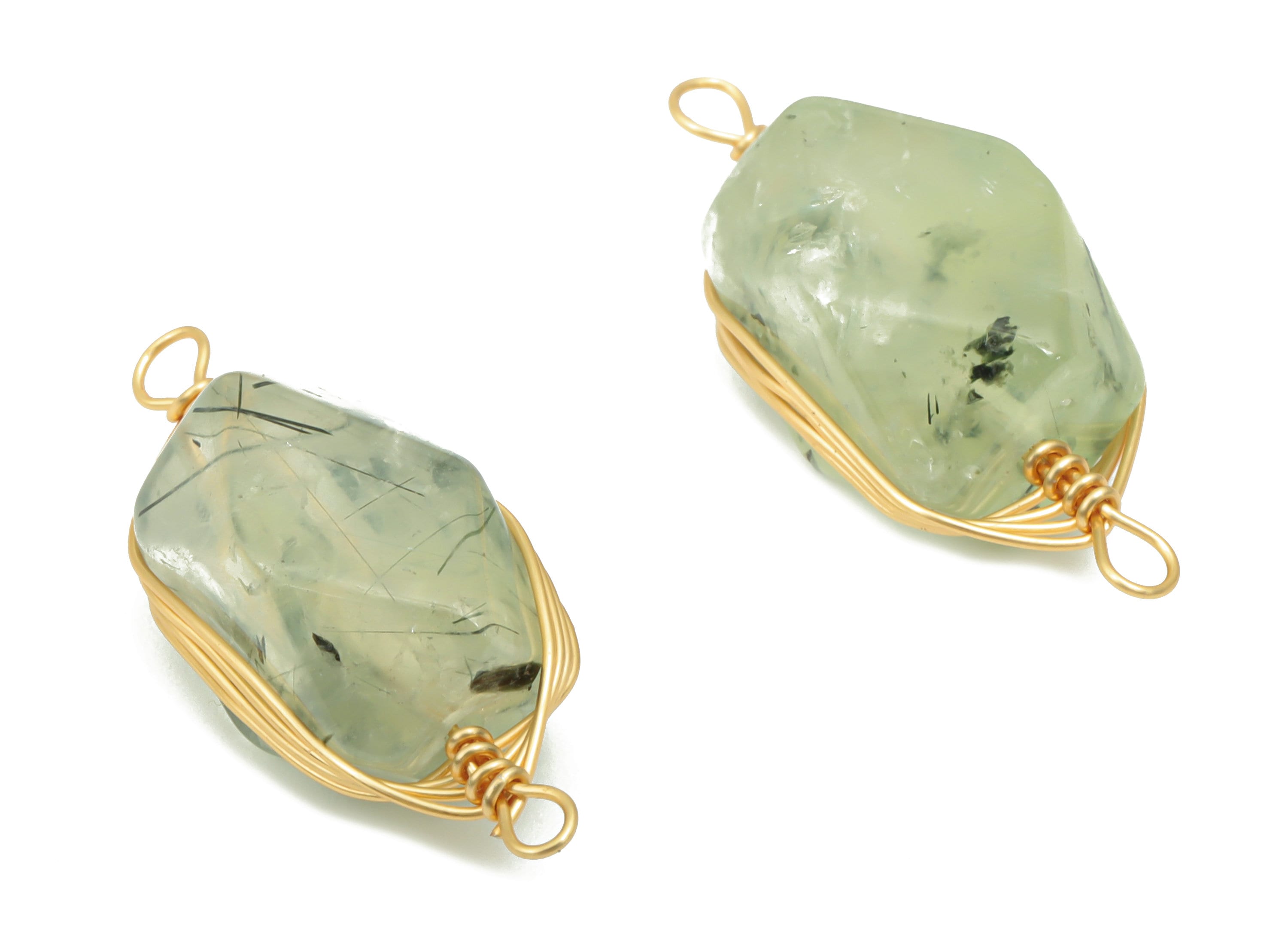 Prehnite Faceted Earring Connector - Brass Wire Wrapping Bracelet Connector - Natural Stone - Gold Tone Plated Brass – 23.3x9x8mm – NS1744A - DOMEDBAZAAR