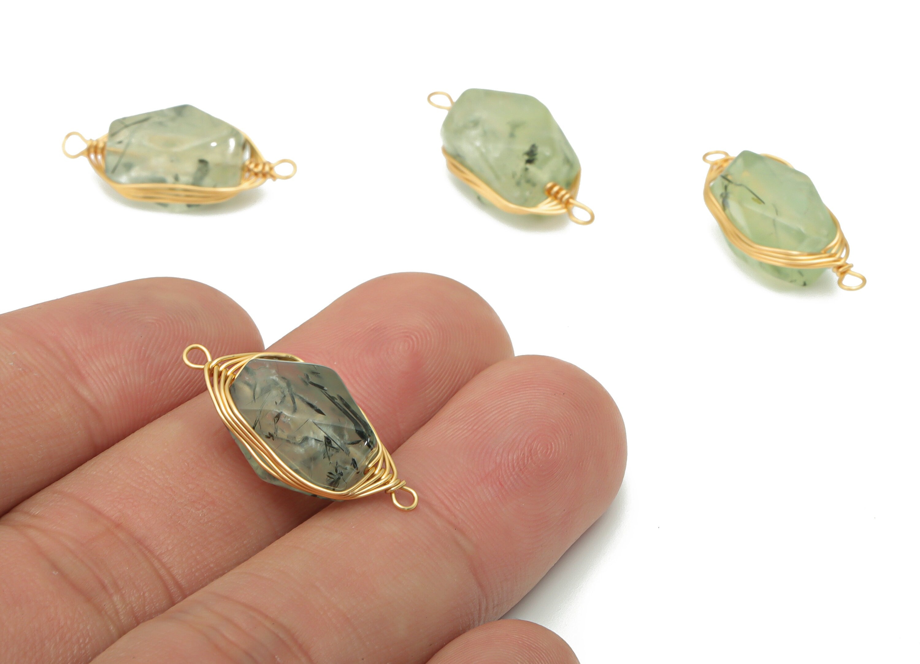 Prehnite Faceted Earring Connector - Brass Wire Wrapping Bracelet Connector - Natural Stone - Gold Tone Plated Brass – 23.3x9x8mm – NS1744A - DOMEDBAZAAR