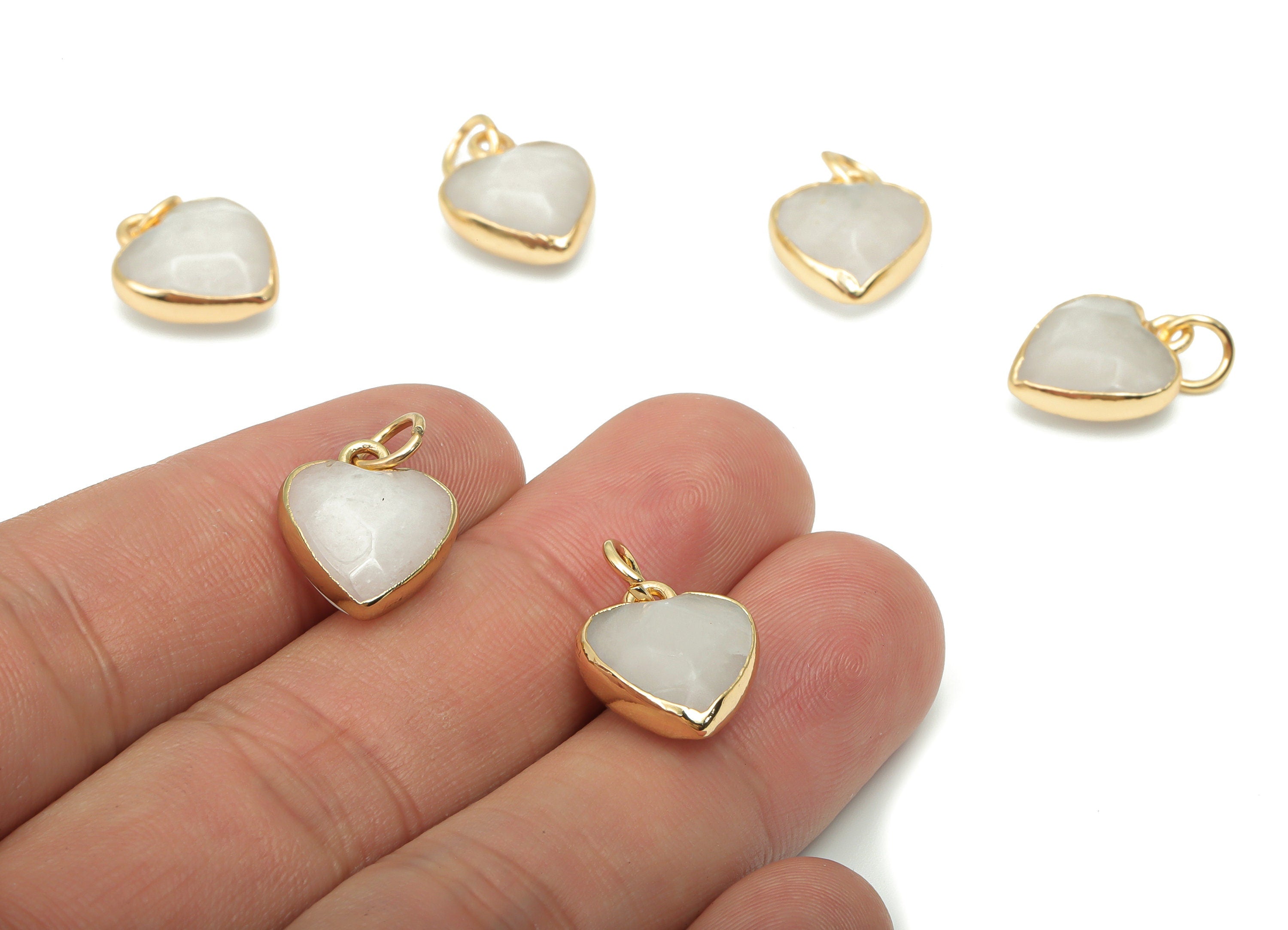 White Jade Heart Earring Charms - Brass Wire Heart Pendant - Faceted Natural Stone - Gold Tone Plated Brass – 15.9x12.77x6.57mm – NS1754C - DOMEDBAZAAR