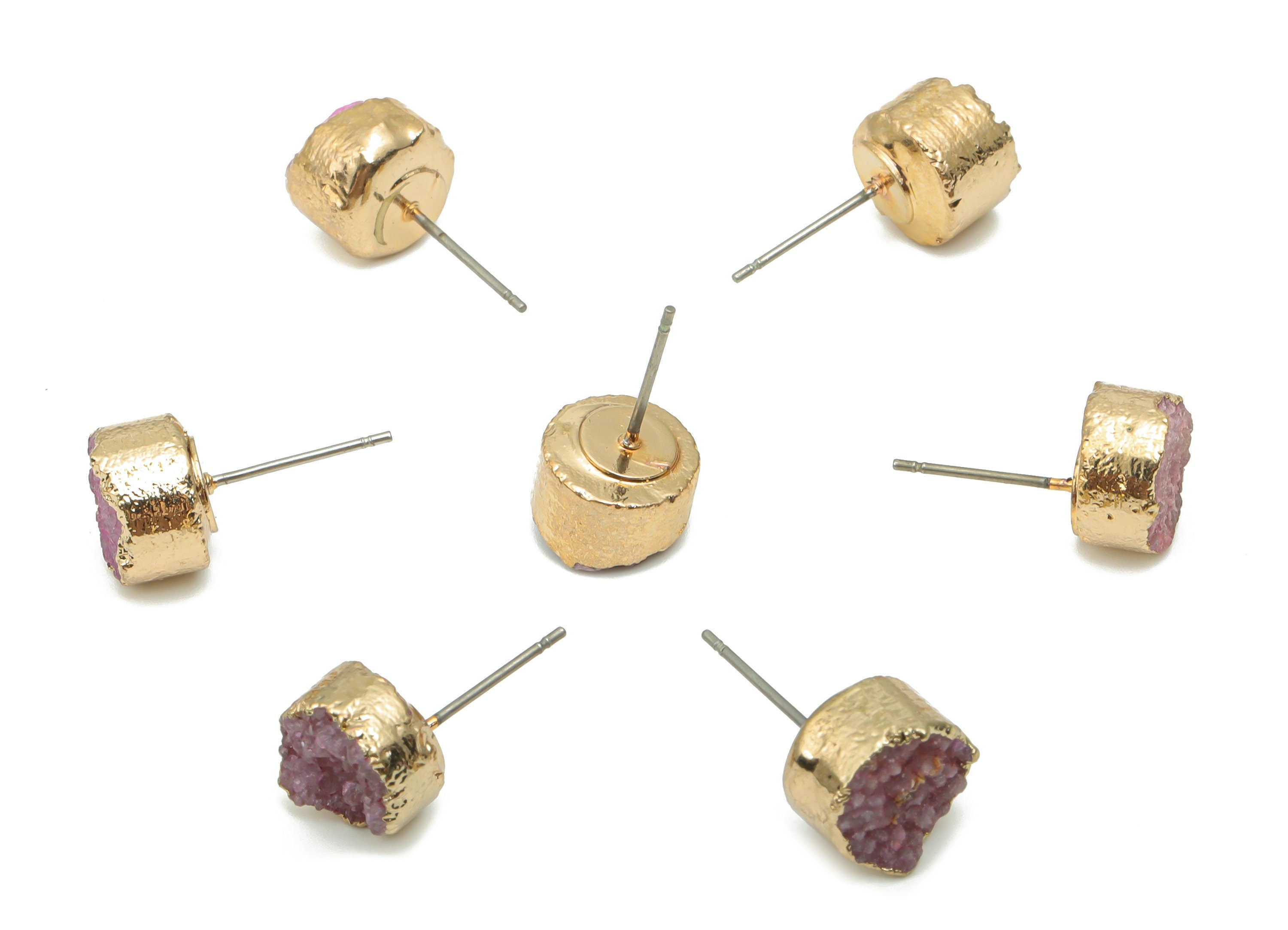 Druzy Puple Quartz Crystal Round Stud - Circle Post - Gold Tone Plated Natural Stone – Stainless Steel Stud - 9.69x9.69x8.4mm – NS1750 - DOMEDBAZAAR