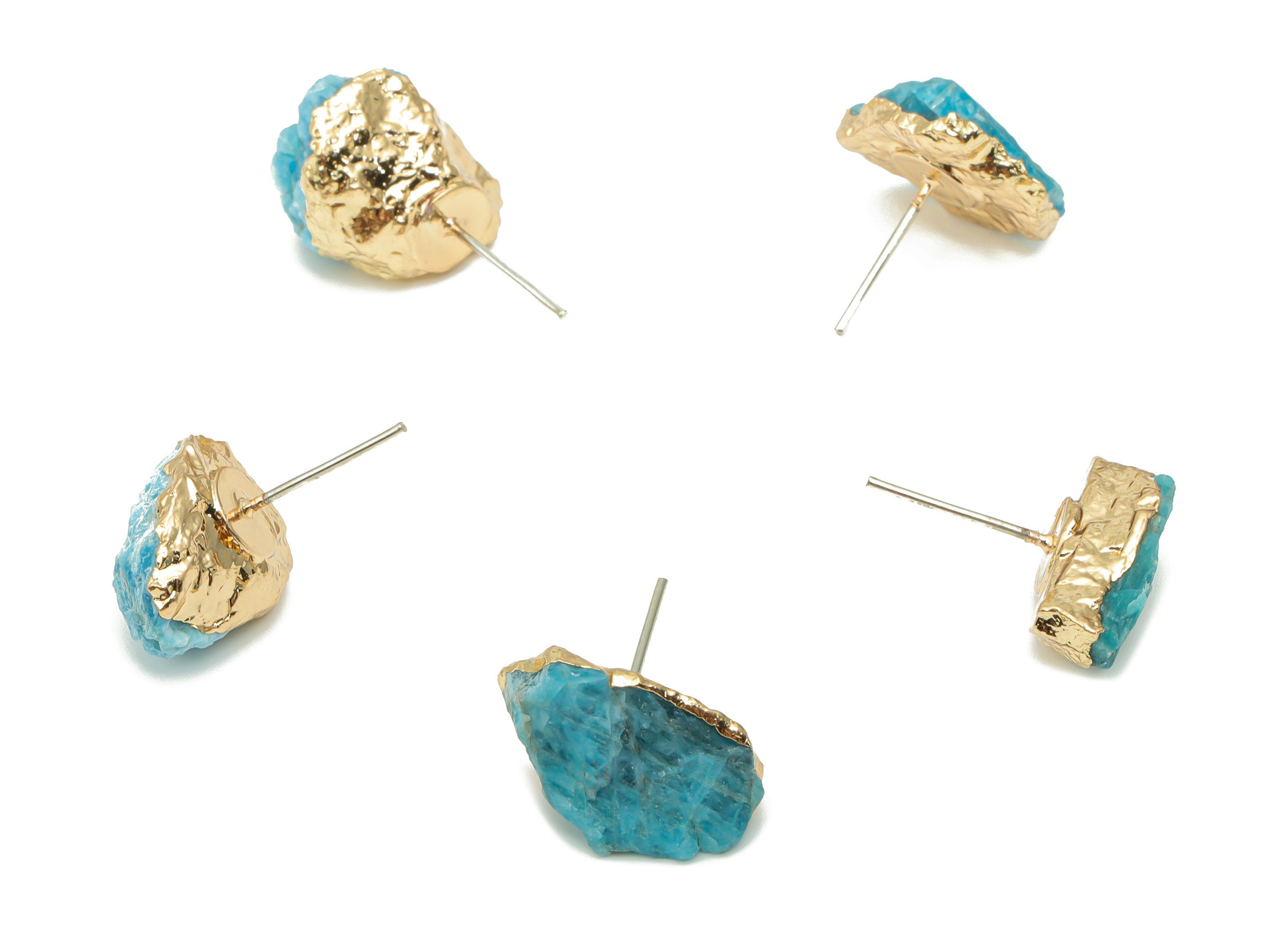 Blue Apatite Raw Stone Earring Stud - Natural Stone Earring Post -  Gold Tone Plated Stone – Stainless Steel Stud - 17.2x13x10mm – NS1741B - DOMEDBAZAAR
