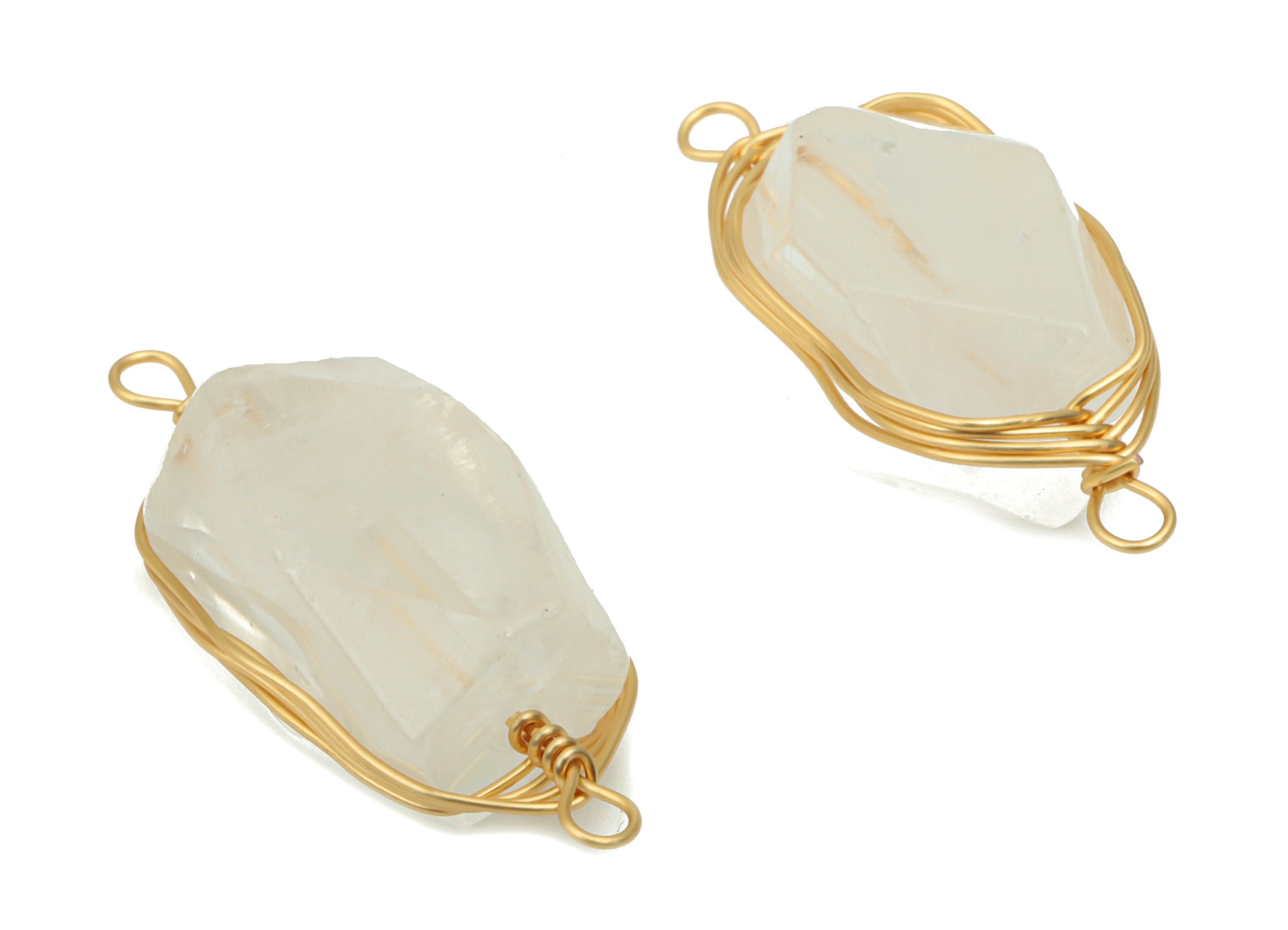 Clear Quartz Faceted Connectors - Brass Wire Wrapping Bracelet Connector - Natural Stone - Gold Tone Plated Brass – 23.3x8.9x7.8mm – NS1744D - DOMEDBAZAAR