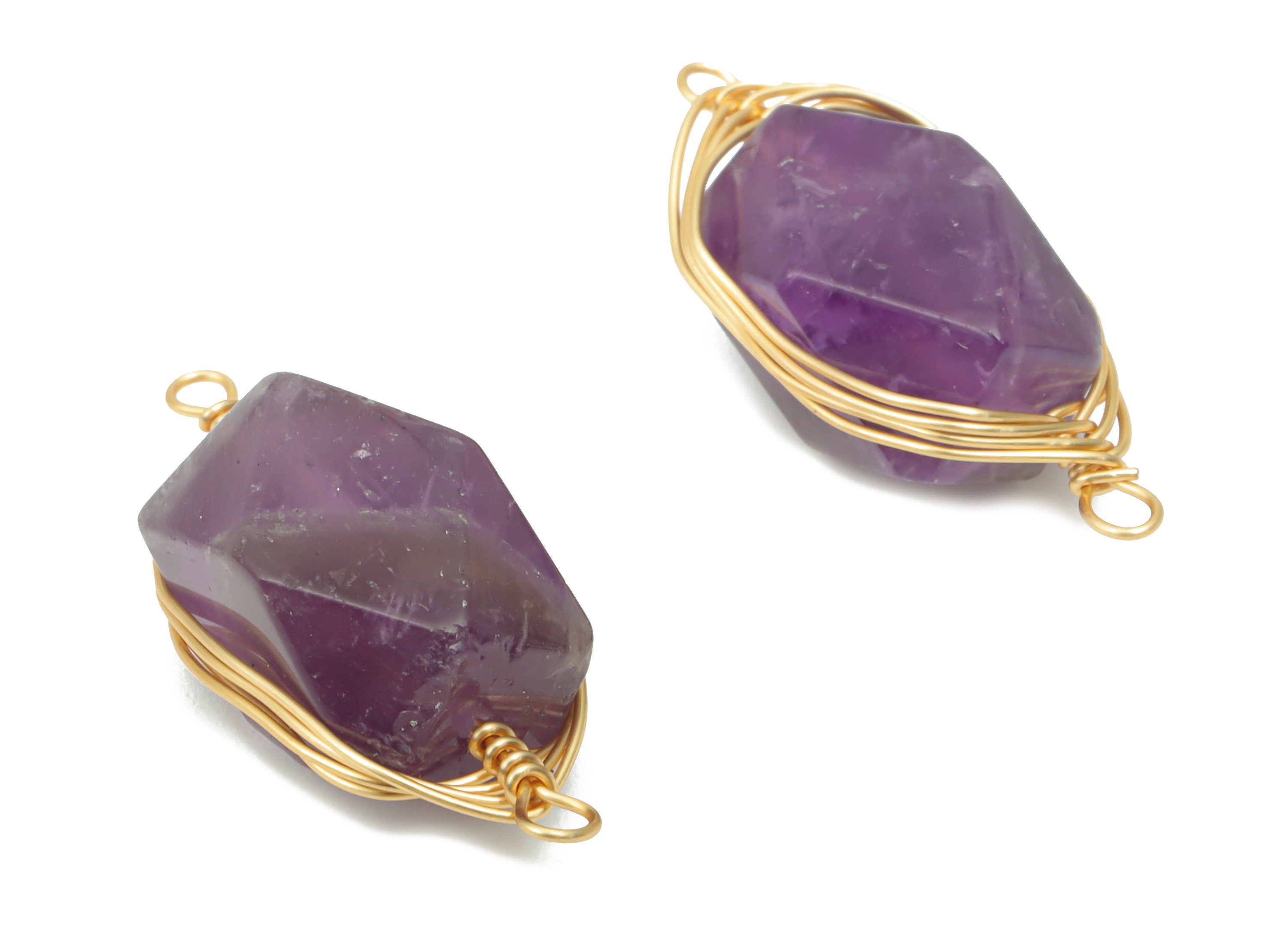 Amethyst Faceted Earring Connector - Brass Wire Wrapping Bracelet Connector - Natural Stone - Gold Tone Plated Brass – 23.3x9x8mm – NS1744B - DOMEDBAZAAR