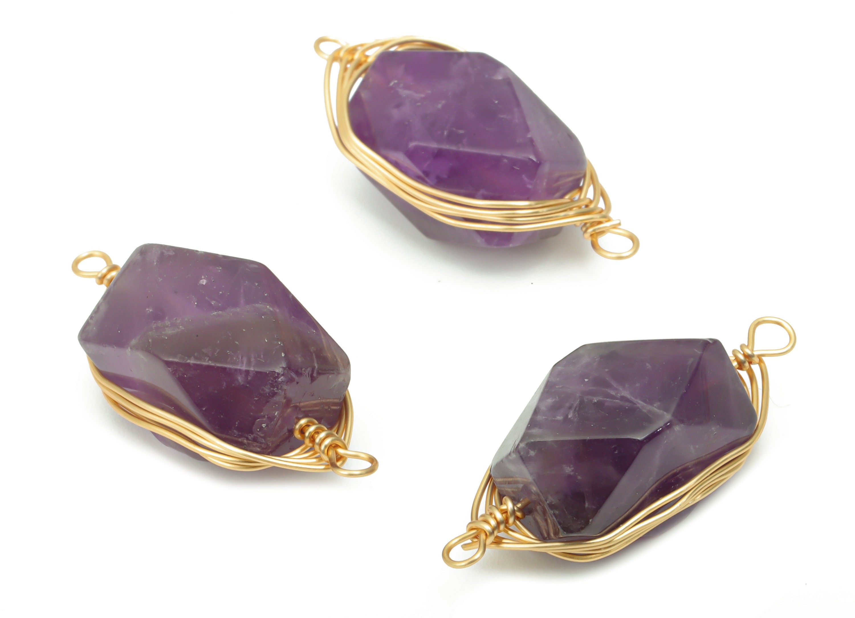 Amethyst Faceted Earring Connector - Brass Wire Wrapping Bracelet Connector - Natural Stone - Gold Tone Plated Brass – 23.3x9x8mm – NS1744B - DOMEDBAZAAR