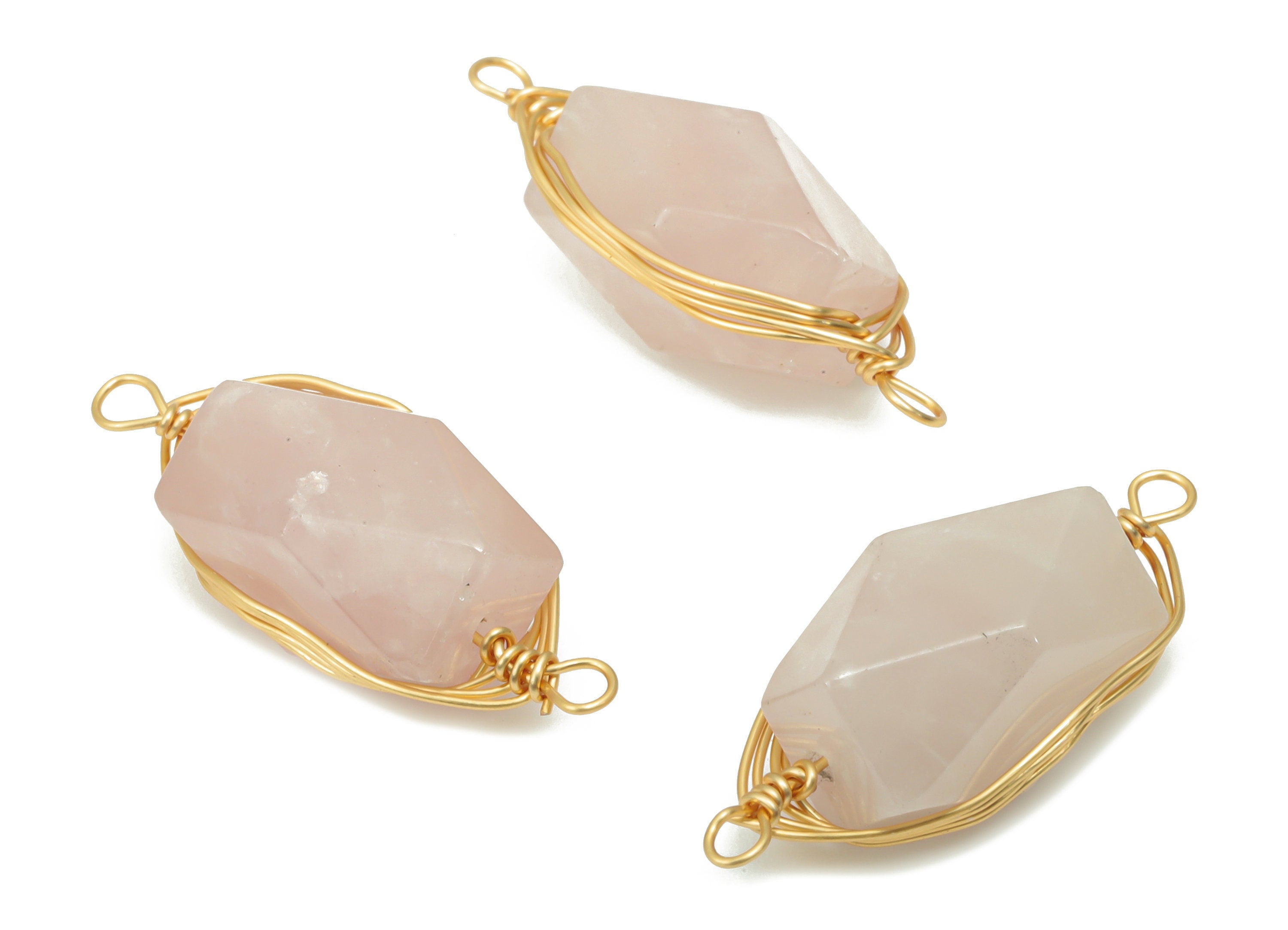 Rose Quartz Faceted Connectors - Brass Wire Wrapping Stone Bracelet Connector - Natural Stone - Gold Tone Plated Brass – 23x9x8mm – NS1744C - DOMEDBAZAAR