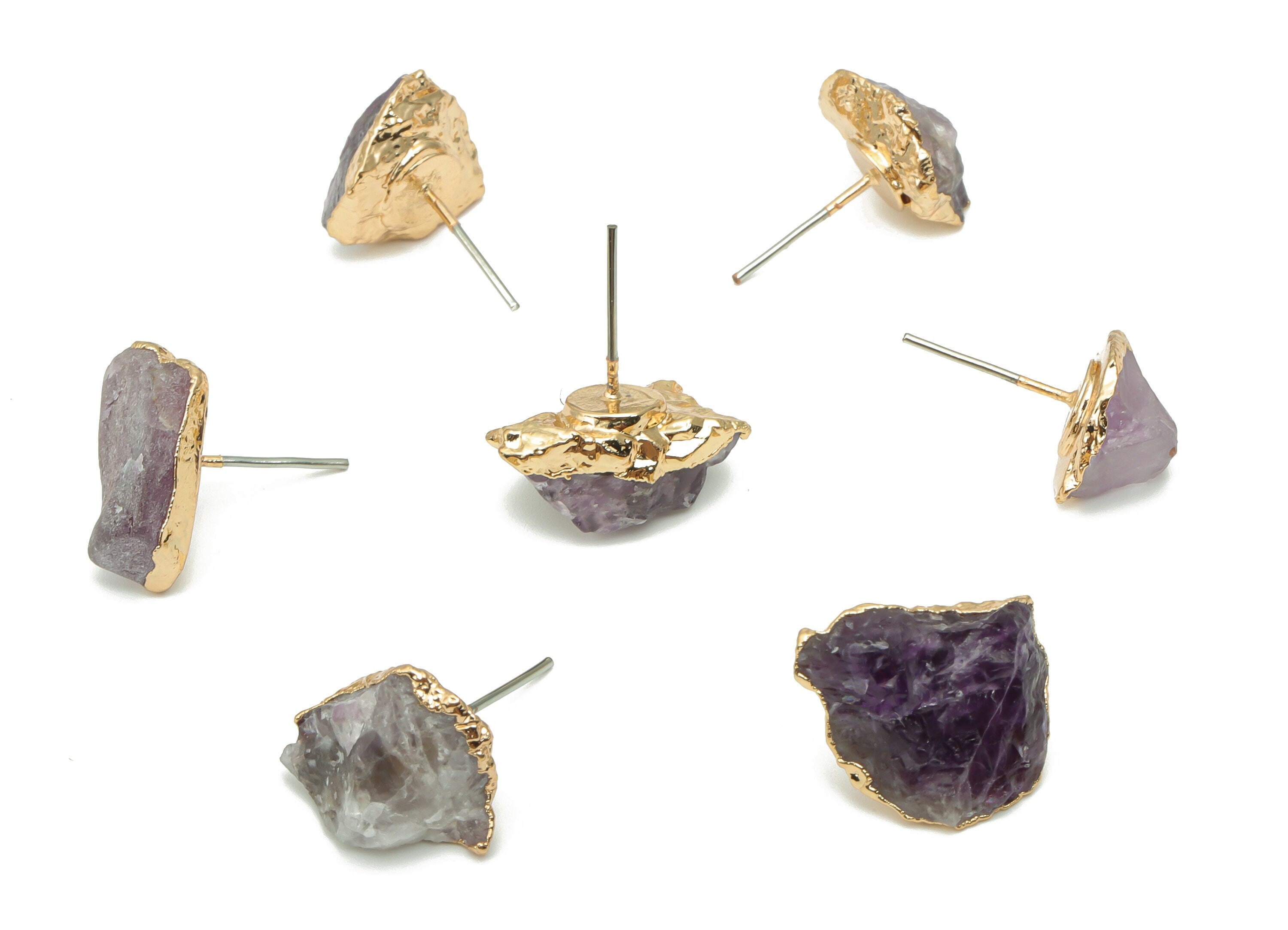Amethyst Raw Stone Earring Stud - Natural Stone Earring Post -  Gold Tone Plated Stone – Stainless Steel Stud - 16.58x12.1x8.3mm – NS1741C - DOMEDBAZAAR