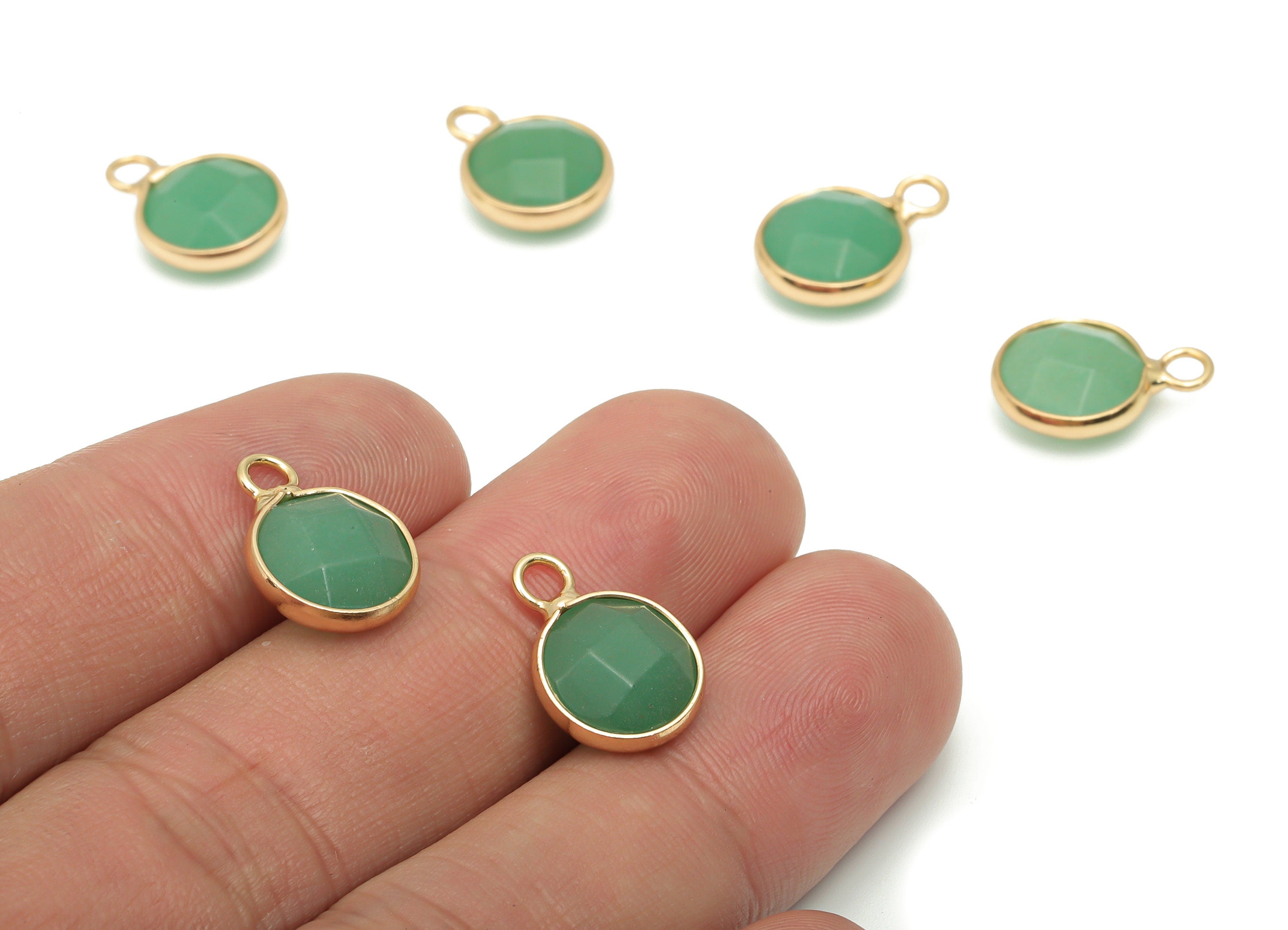 Aventurine Round Earring Charms - Brass Wire Circle Pendant - Faceted Natural Stone - Gold Tone Plated Brass – 15.11x11.07x5.36mm – NS1745 - DOMEDBAZAAR