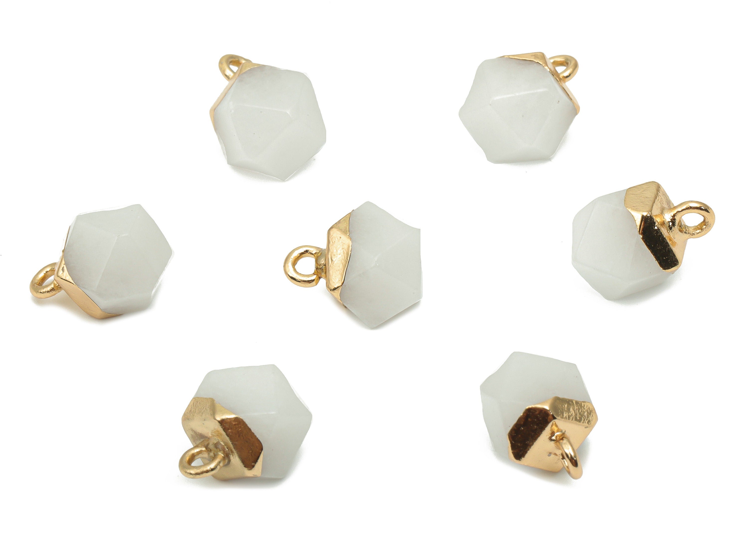 White Jade Hexagon Earring Charms - Iron Hexagon Pendant - Faceted Natural Stone - Gold Tone Plated Iron – 11.56x7.96x7.96mm – NS1849B - DOMEDBAZAAR