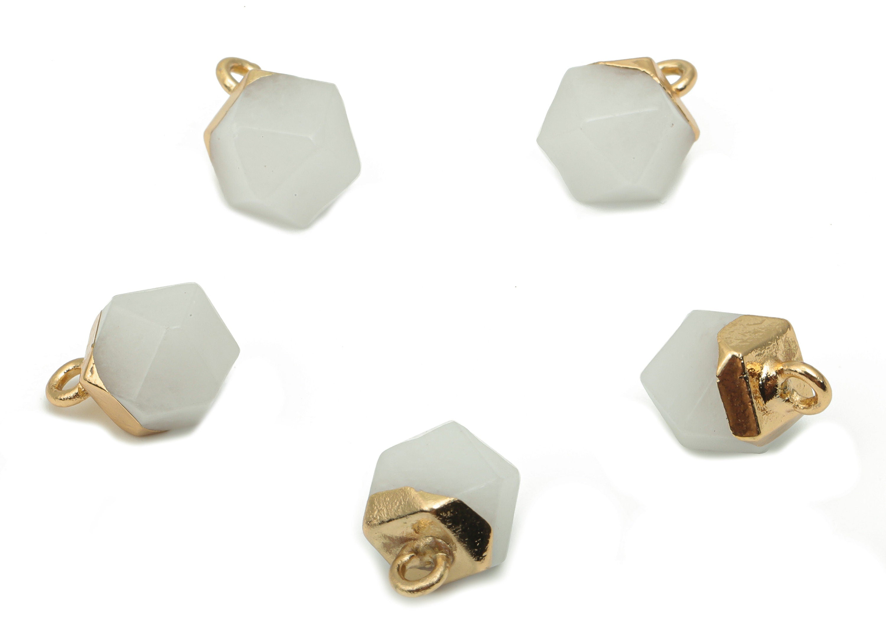 White Jade Hexagon Earring Charms - Iron Hexagon Pendant - Faceted Natural Stone - Gold Tone Plated Iron – 11.56x7.96x7.96mm – NS1849B - DOMEDBAZAAR
