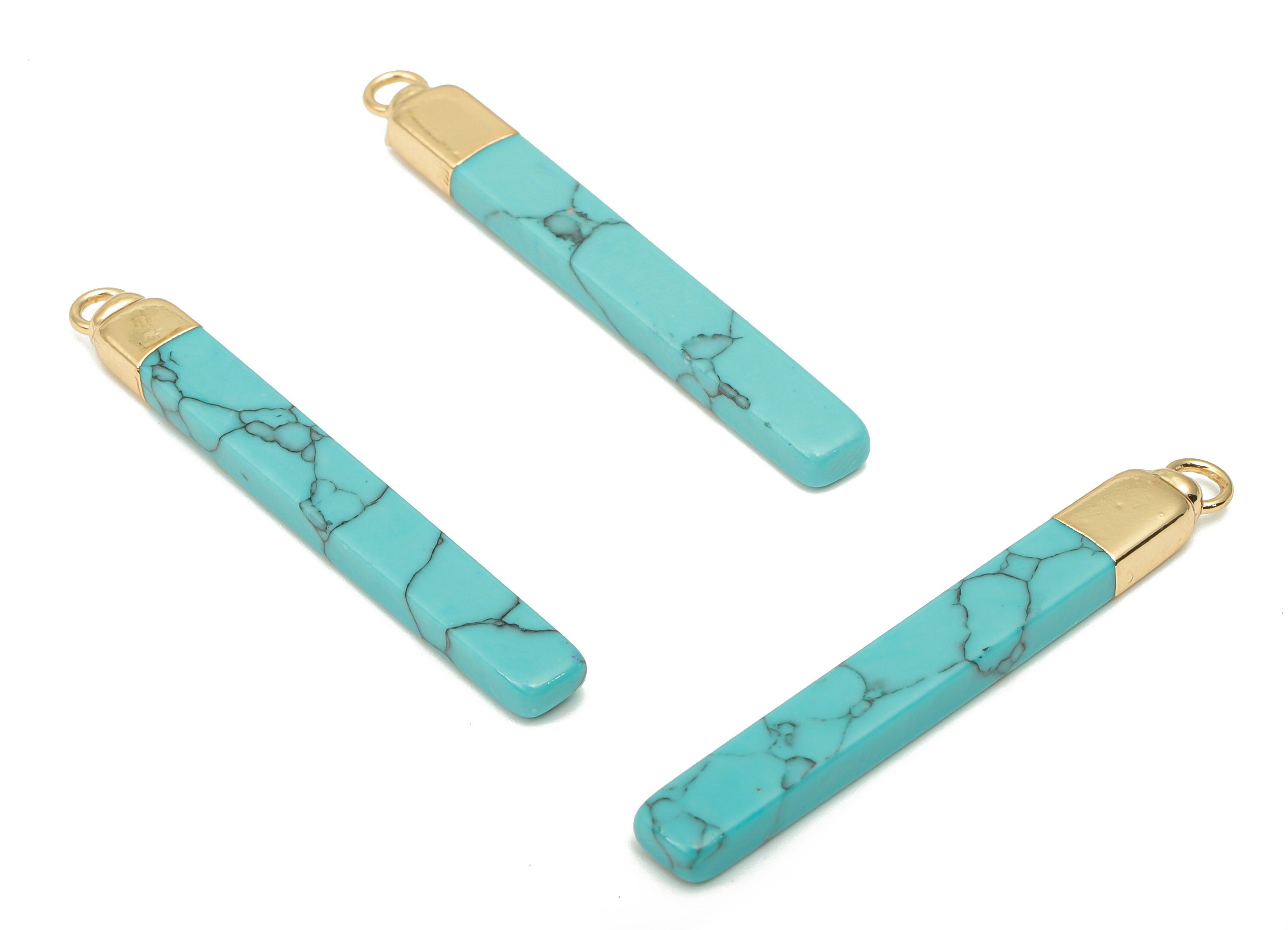 Blue Turquoise Long Bar Charms - Iron Strip Pendant - Natural Stone - Gold Tone Plated Iron – Jewelry Supplies - 43.88x5.19x3.48mm – NS1760E - DOMEDBAZAAR