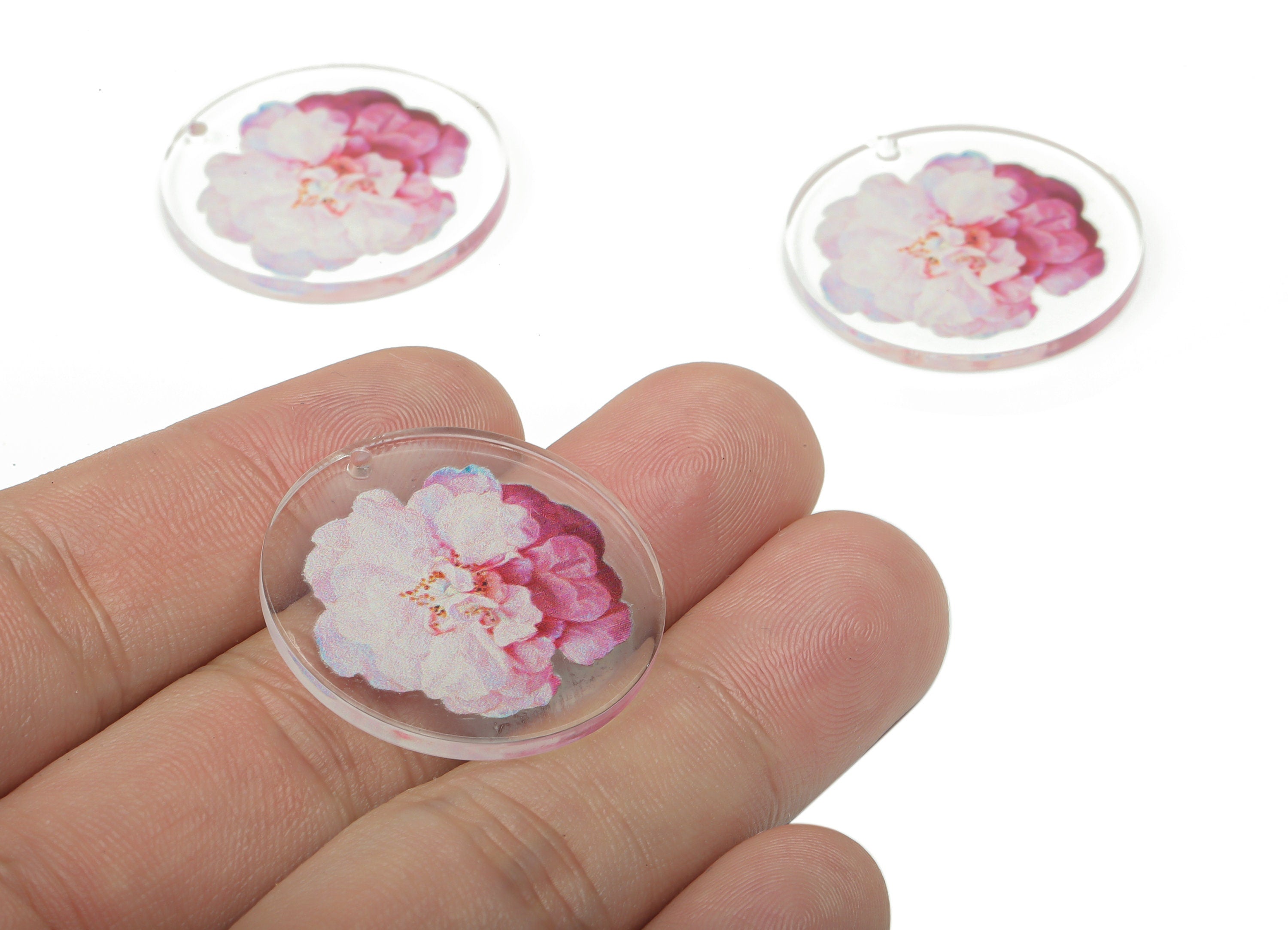 Acrylic Round Flower Earring Charms - Acrylic Flower Circle Pendant - Printing Textured - Jewelry Supplies - 29.81x29.81x2.28mm - AC2484A - DOMEDBAZAAR