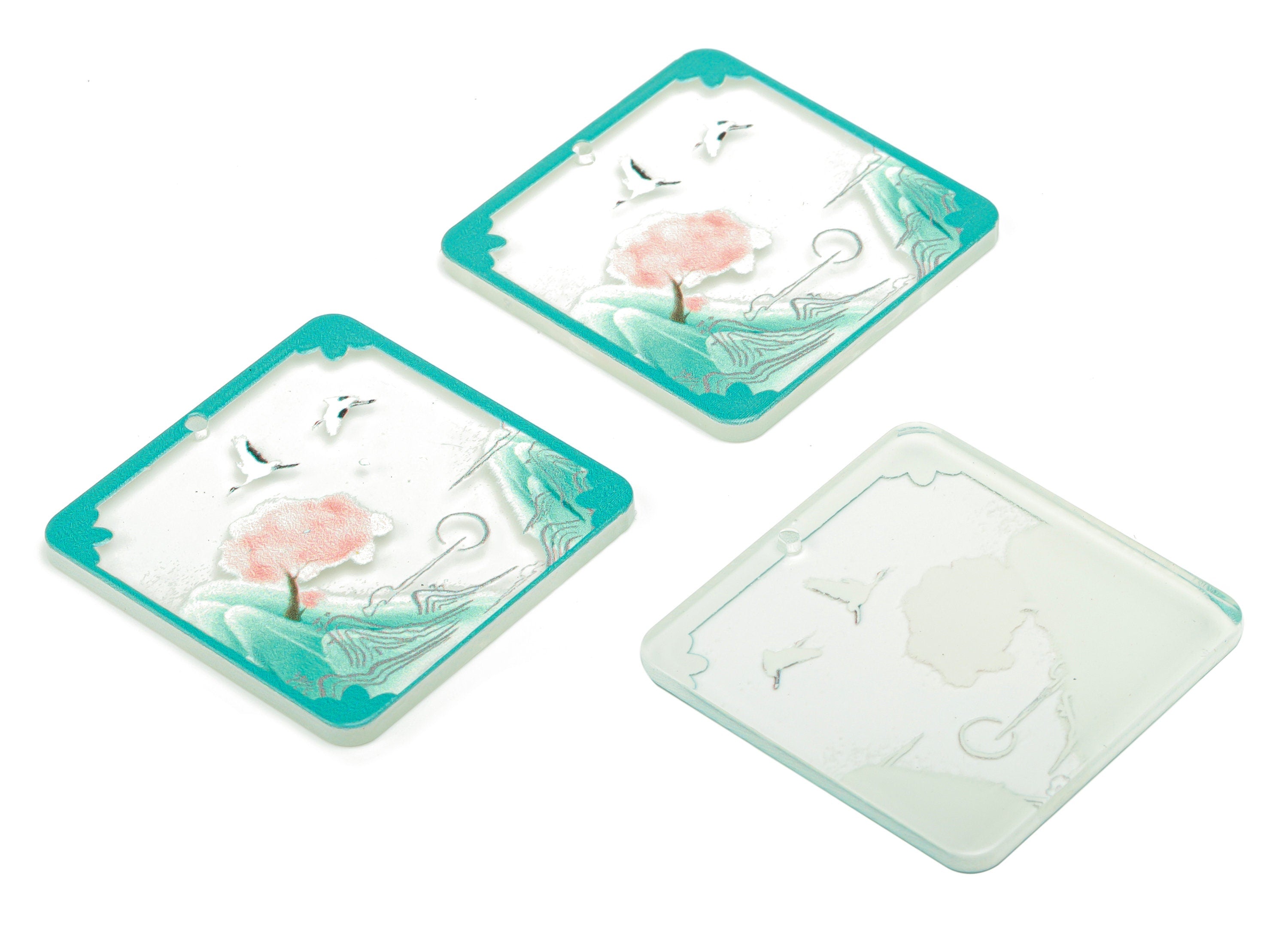 Acrylic Square Bird Tree Earring Charms - Acrylic Painting Square Mountain Pendant - Printing Textured - 34.83x34.76x2.24mm - AC2475E - DOMEDBAZAAR