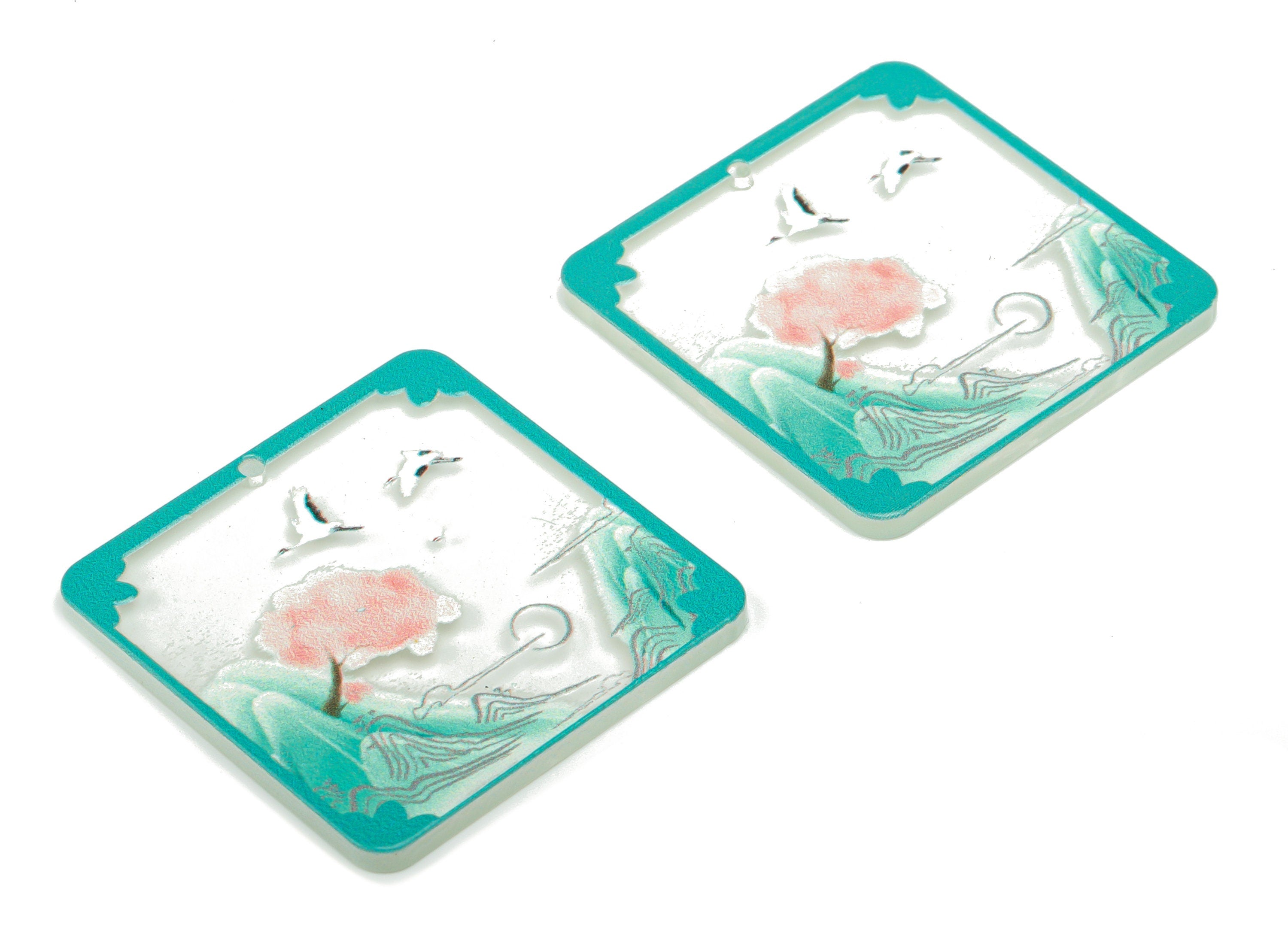 Acrylic Square Bird Tree Earring Charms - Acrylic Painting Square Mountain Pendant - Printing Textured - 34.83x34.76x2.24mm - AC2475E - DOMEDBAZAAR