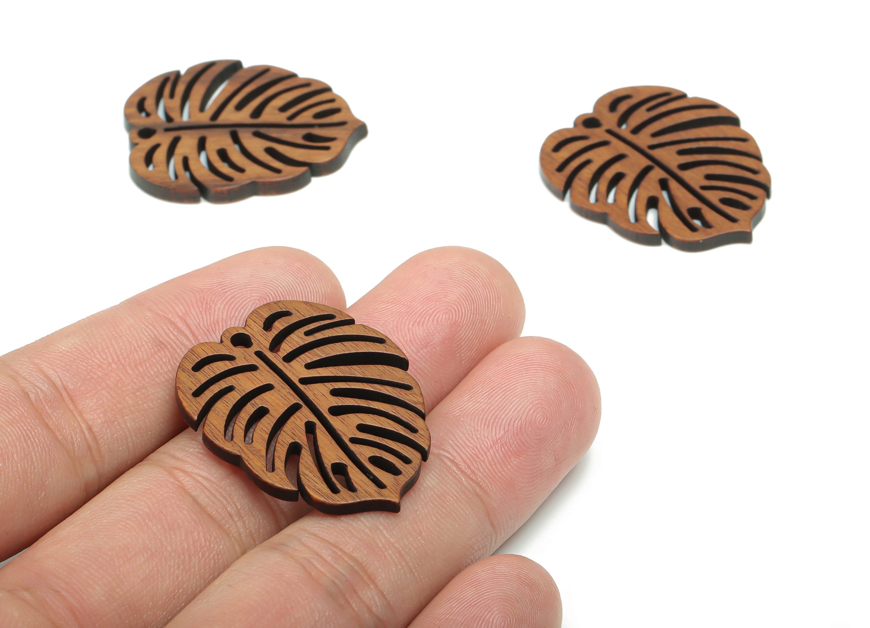 Walnut Wood Monstera Earring Charms - Walnut Wood Leaf Pendant - DIY Jewelry Making Supplies - 31.96x26.89x2.28mm - BB1228 - DOMEDBAZAAR