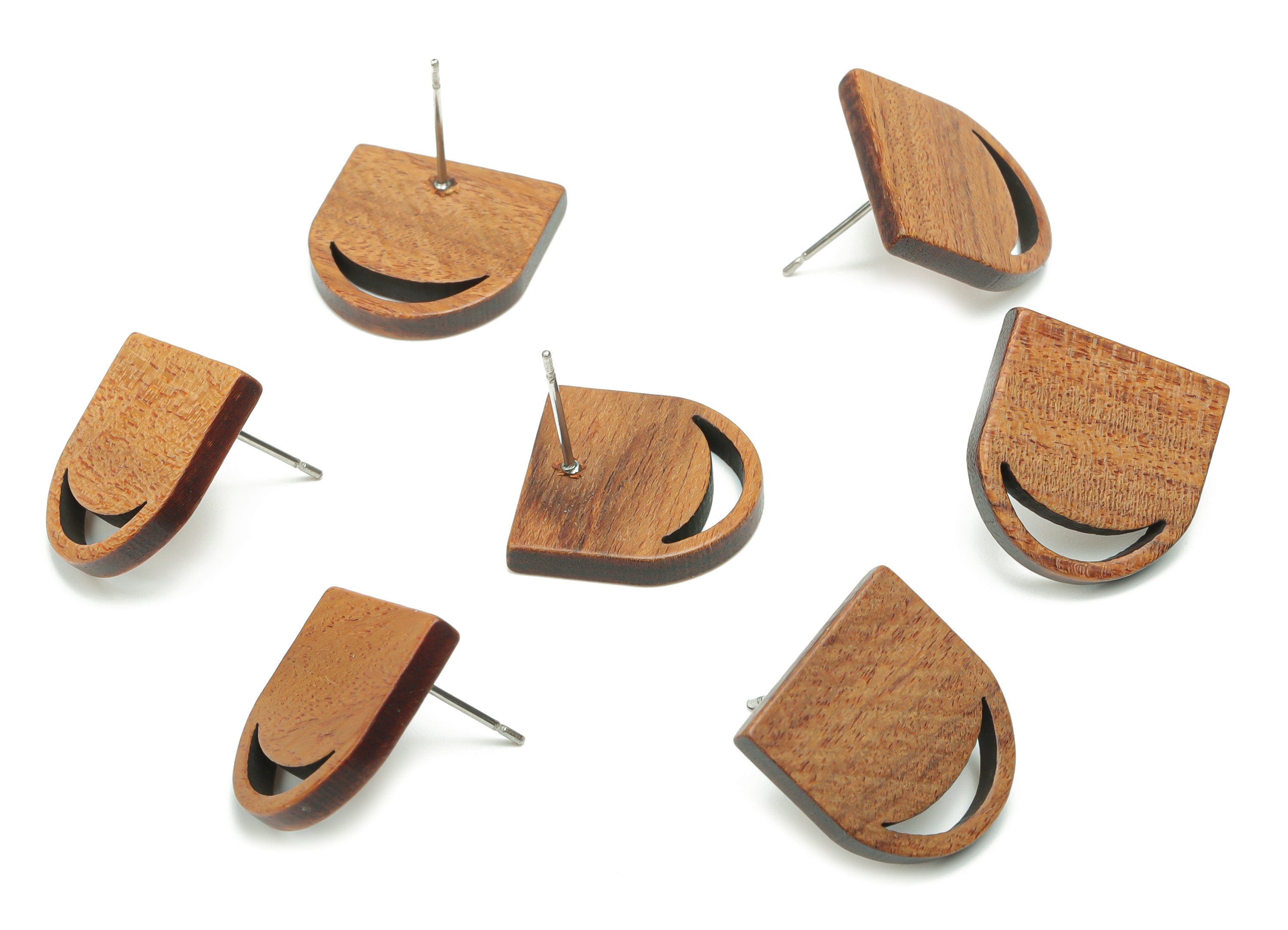Walnut Wood Crescent Domed Earring Stud - Walnut Wood Moon D Semicircle Post - 316 Surgical Stainless Steel - 16.88x16.6x2.5mm - BB1236 - DOMEDBAZAAR