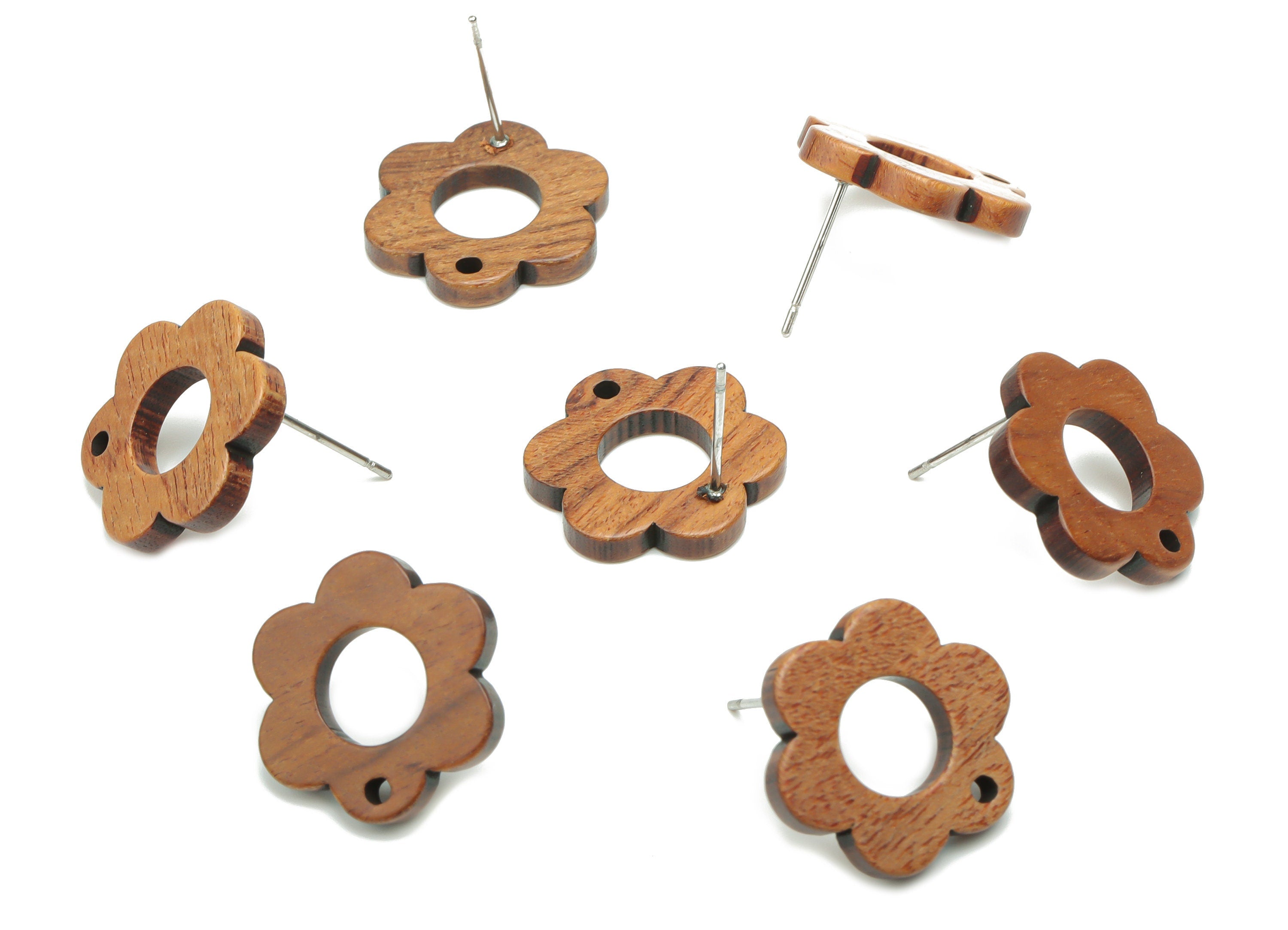 Walnut Wood Flower Hoop Earring Stud - Walnut Wood Flower Rins Earring Post - 316 Surgical Stainless Steel - 17.43x16.3x2.5mm - BB1242 - DOMEDBAZAAR