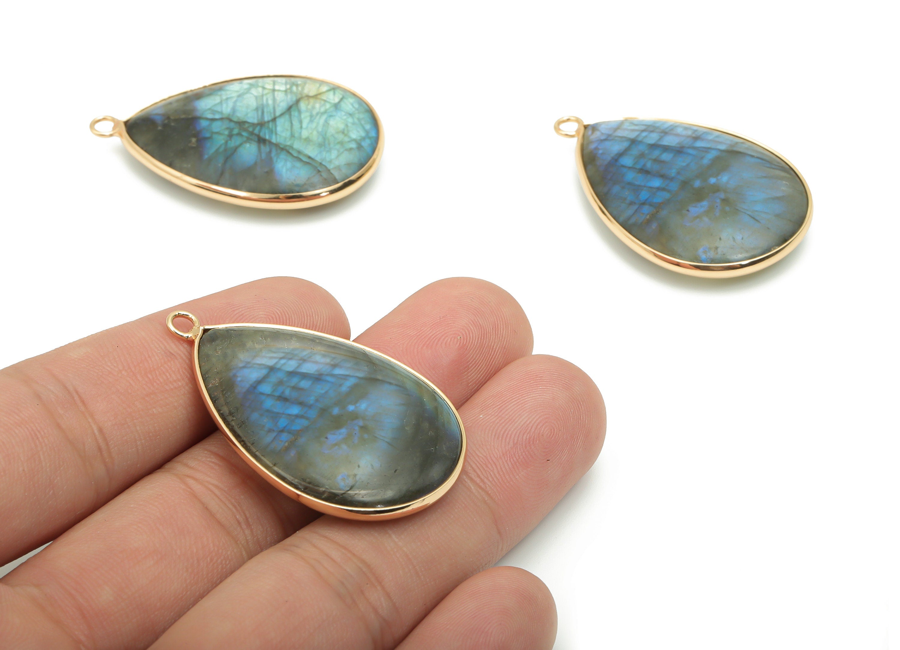 Labradorite Drop Earring Charms - Brass Teardrop Pendant - Natural Stone - Gold Tone Plated Brass – 40.73x26.23x7.56mm – NS1773A - DOMEDBAZAAR