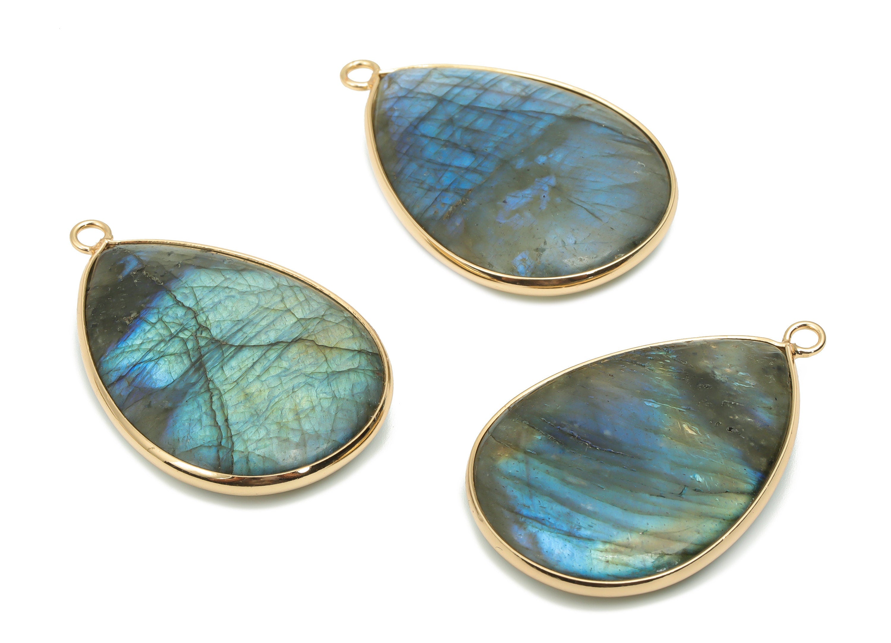 Labradorite Drop Earring Charms - Brass Teardrop Pendant - Natural Stone - Gold Tone Plated Brass – 40.73x26.23x7.56mm – NS1773A - DOMEDBAZAAR