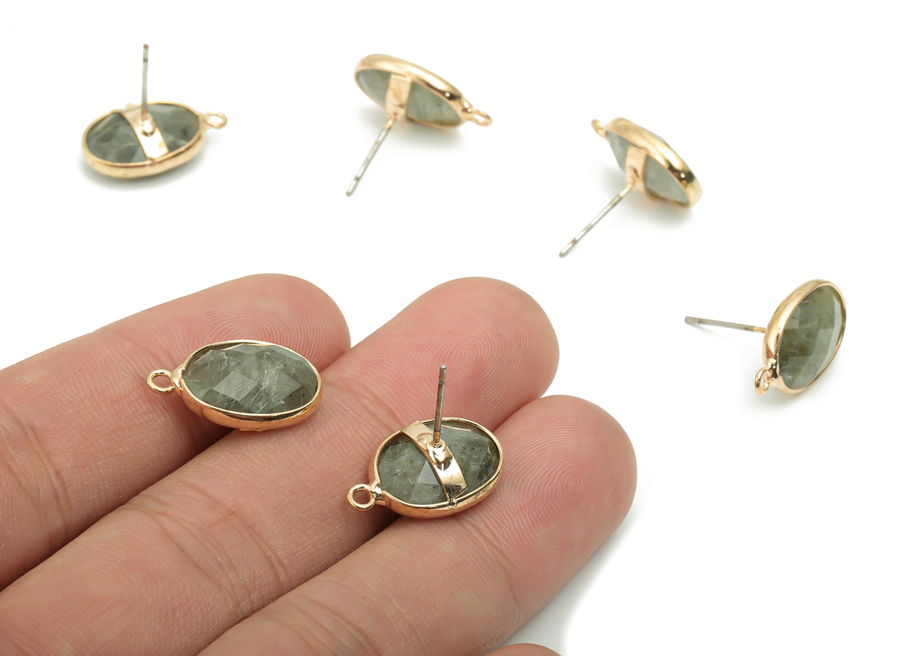Labradorite Earring Stud - Brass Faceted Oval Post - Natural Stone - Gold Tone Plated Brass – 316 Stainless Steel Stud - 19x11x5mm – NS1767B - DOMEDBAZAAR