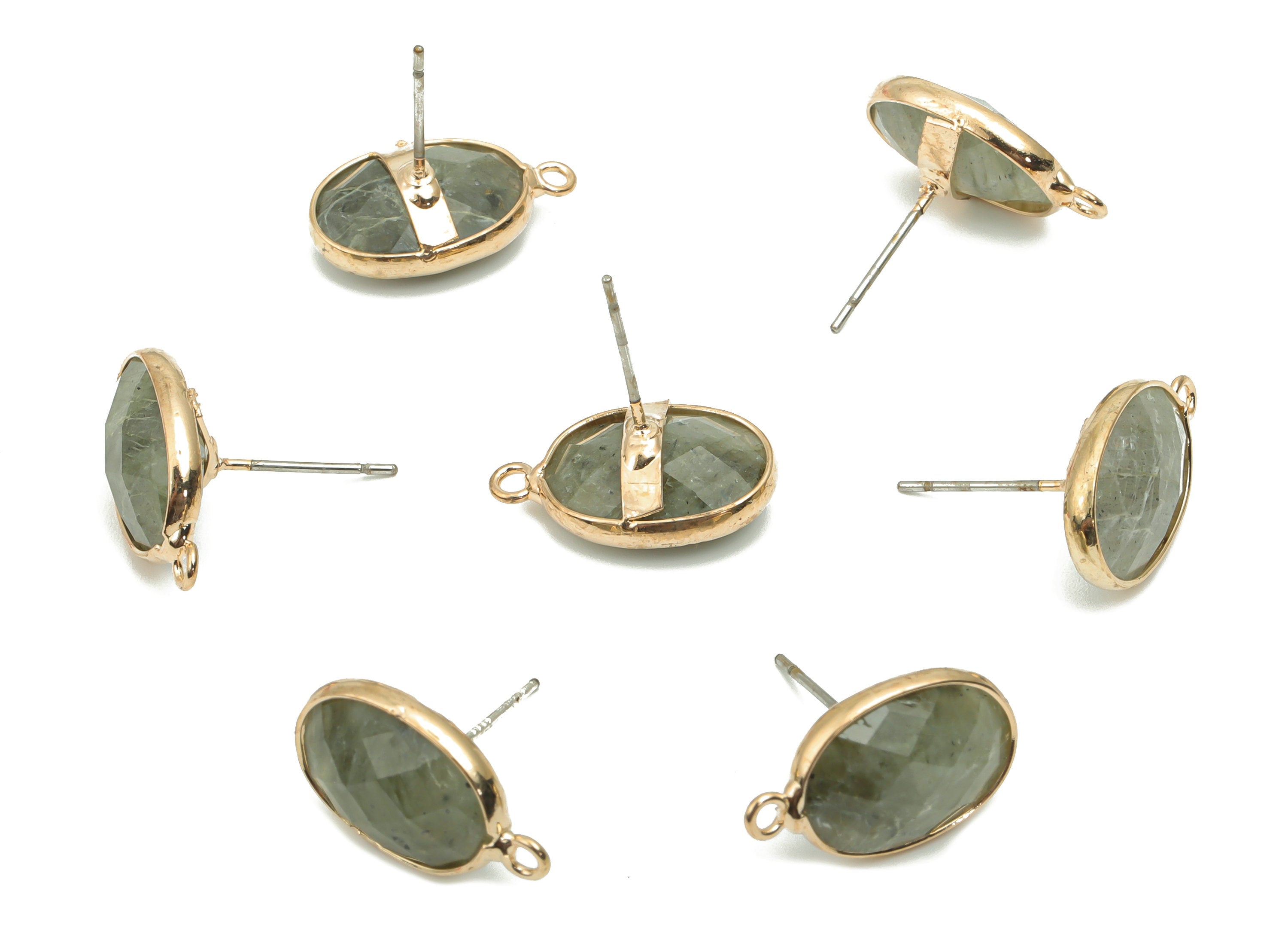 Labradorite Earring Stud - Brass Faceted Oval Post - Natural Stone - Gold Tone Plated Brass – 316 Stainless Steel Stud - 19x11x5mm – NS1767B - DOMEDBAZAAR