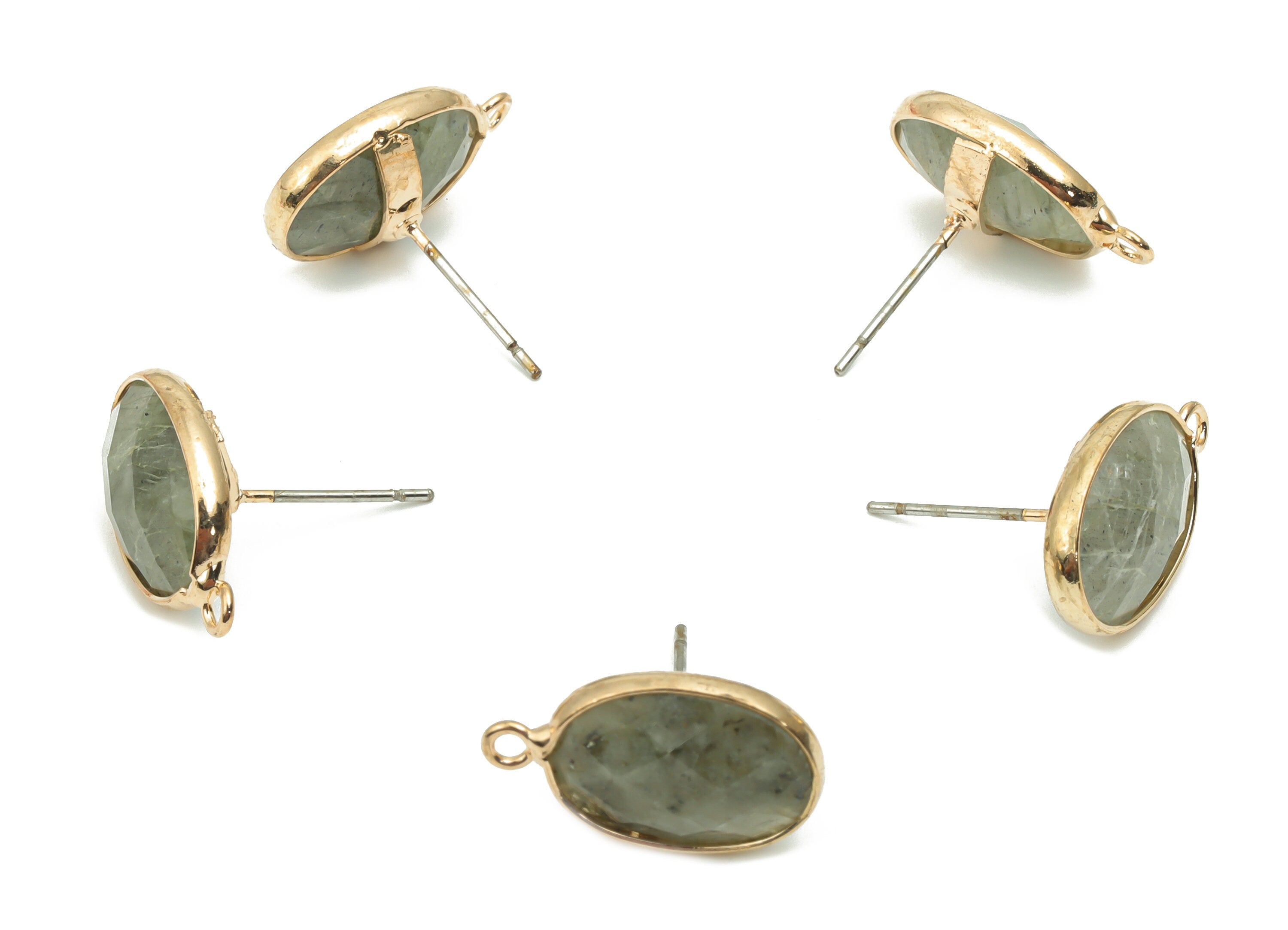 Labradorite Earring Stud - Brass Faceted Oval Post - Natural Stone - Gold Tone Plated Brass – 316 Stainless Steel Stud - 19x11x5mm – NS1767B - DOMEDBAZAAR