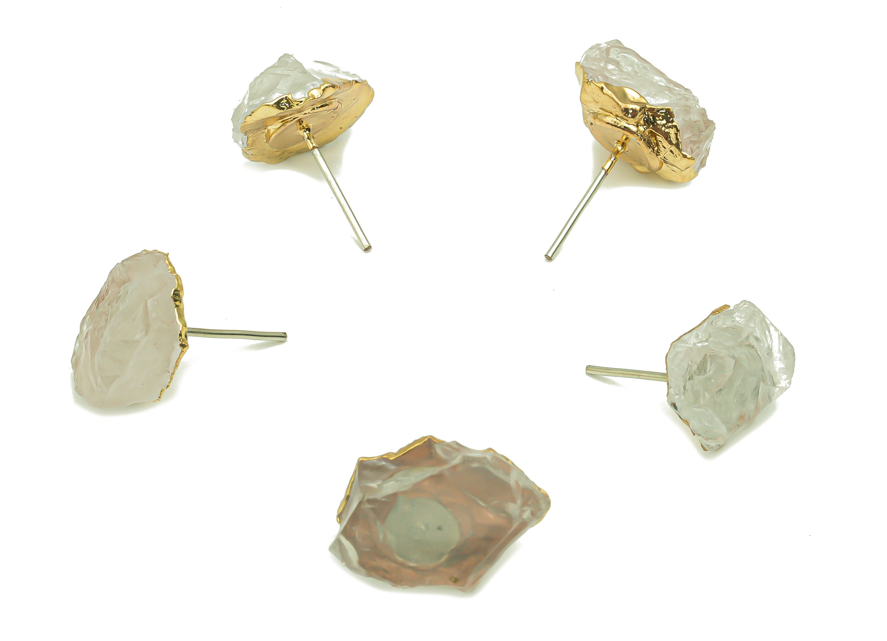 Clear Quartz White Crystal Stud - Brass Stone Earring Post - Gold Tone Plated Natural Stone – Stainless Steel Stud - 15.3x10.1x6.1mm– NS1764 - DOMEDBAZAAR