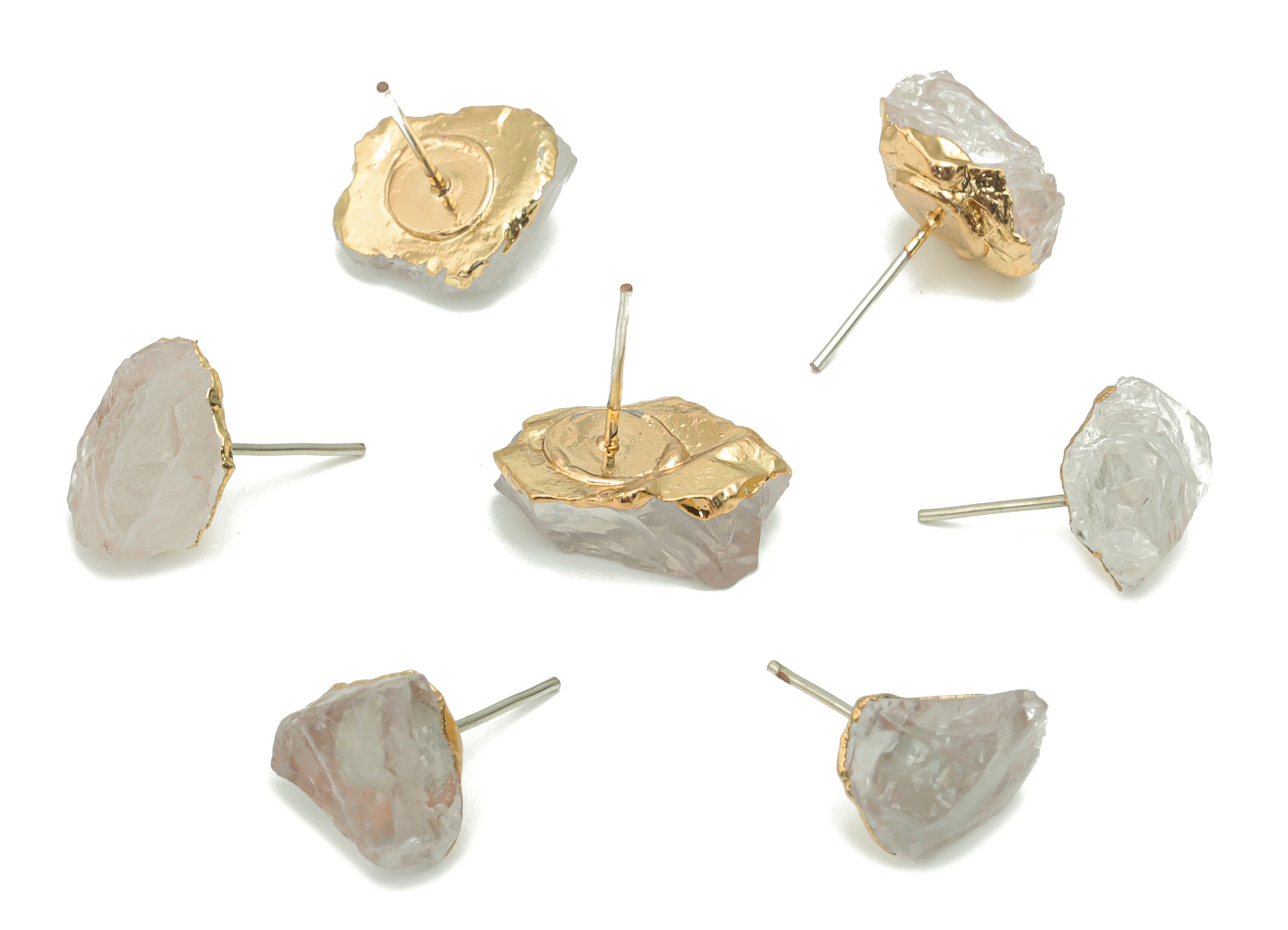 Clear Quartz White Crystal Stud - Brass Stone Earring Post - Gold Tone Plated Natural Stone – Stainless Steel Stud - 15.3x10.1x6.1mm– NS1764 - DOMEDBAZAAR
