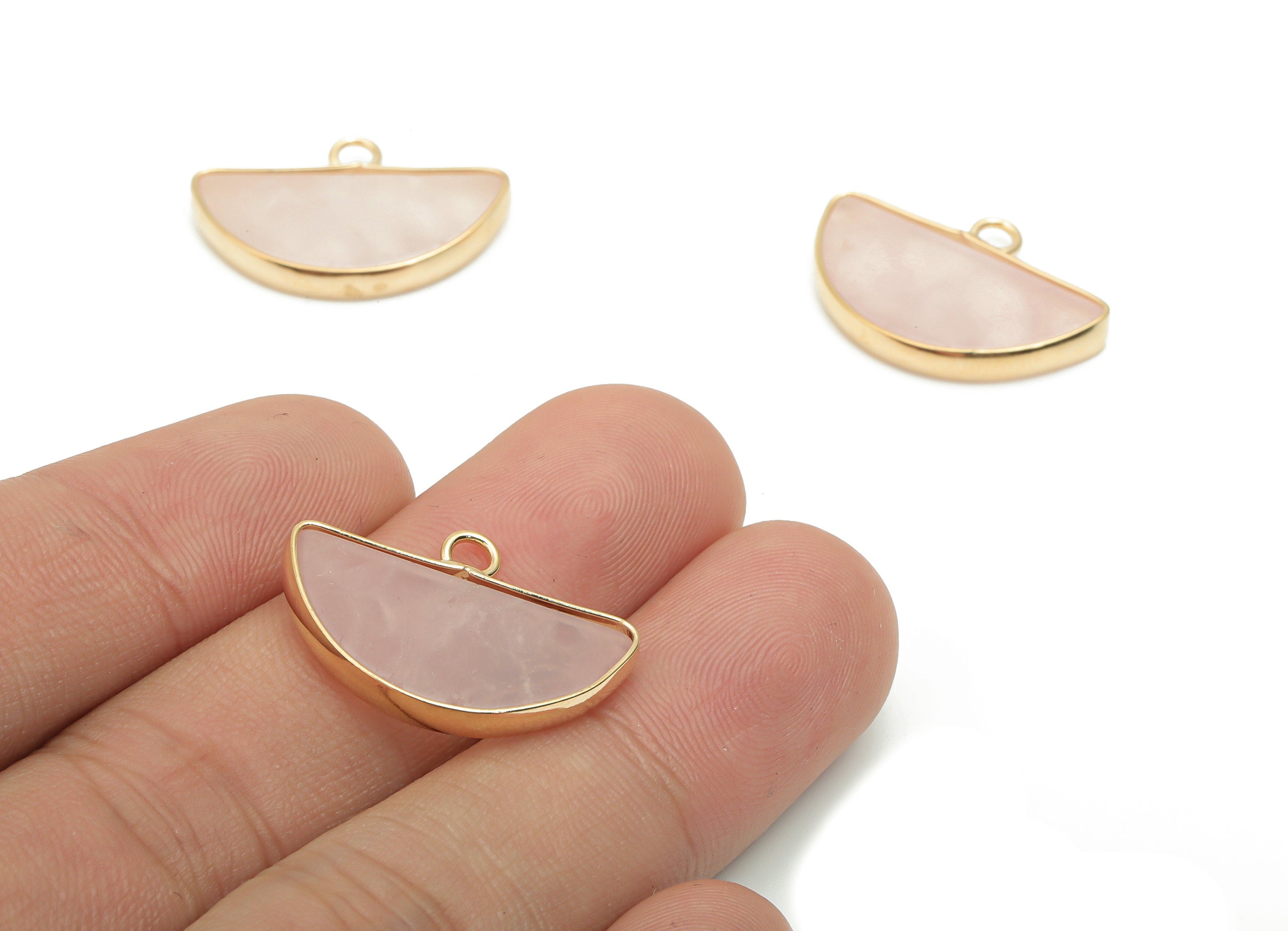 Rose Quartz Crystal Half Moon Earring Charms - Brass Semicircle Pendant - Natural Stone - Gold Tone Plated Brass – 24.25x16.7x2.9mm – NS1768 - DOMEDBAZAAR