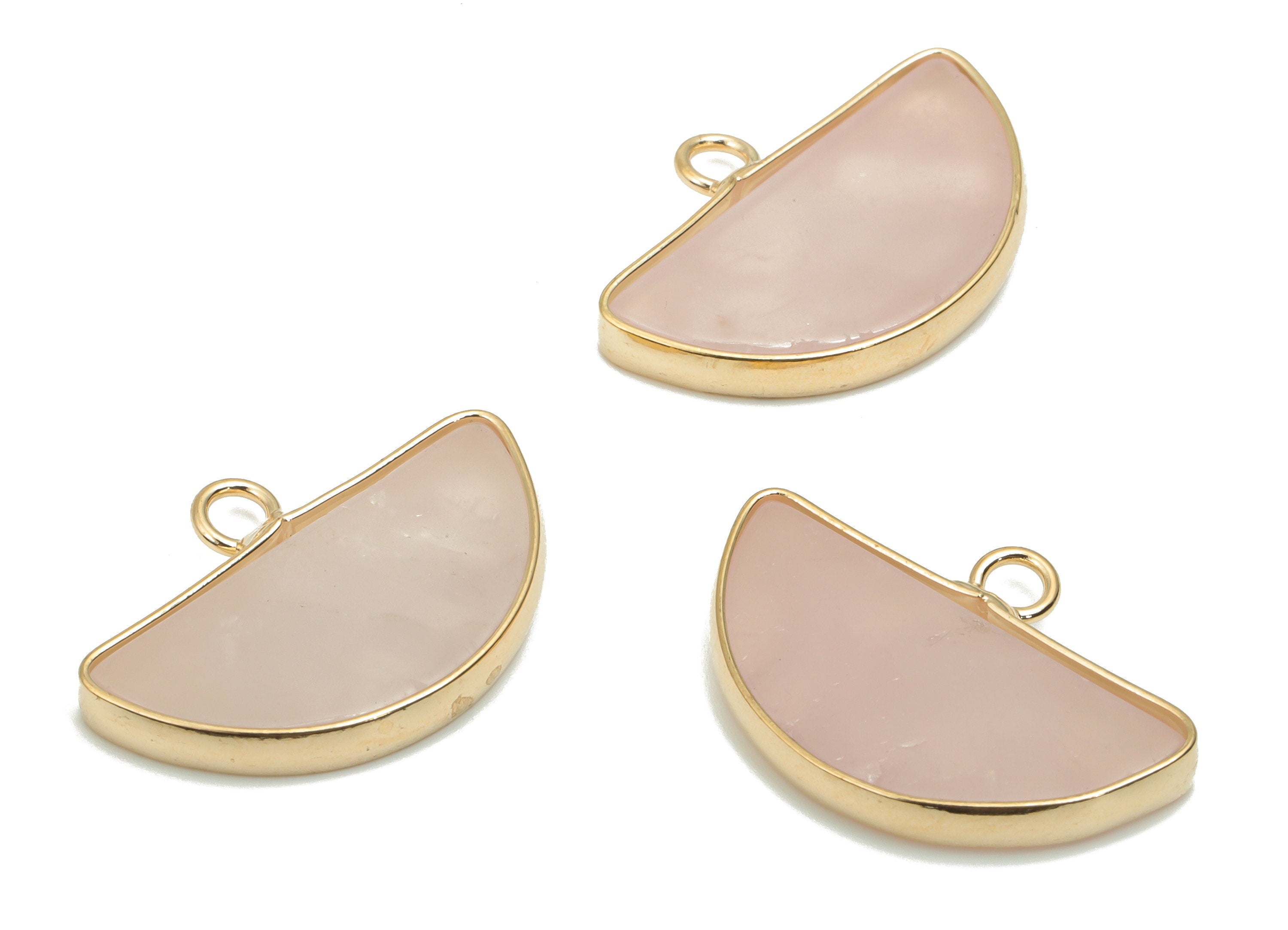Rose Quartz Crystal Half Moon Earring Charms - Brass Semicircle Pendant - Natural Stone - Gold Tone Plated Brass – 24.25x16.7x2.9mm – NS1768 - DOMEDBAZAAR