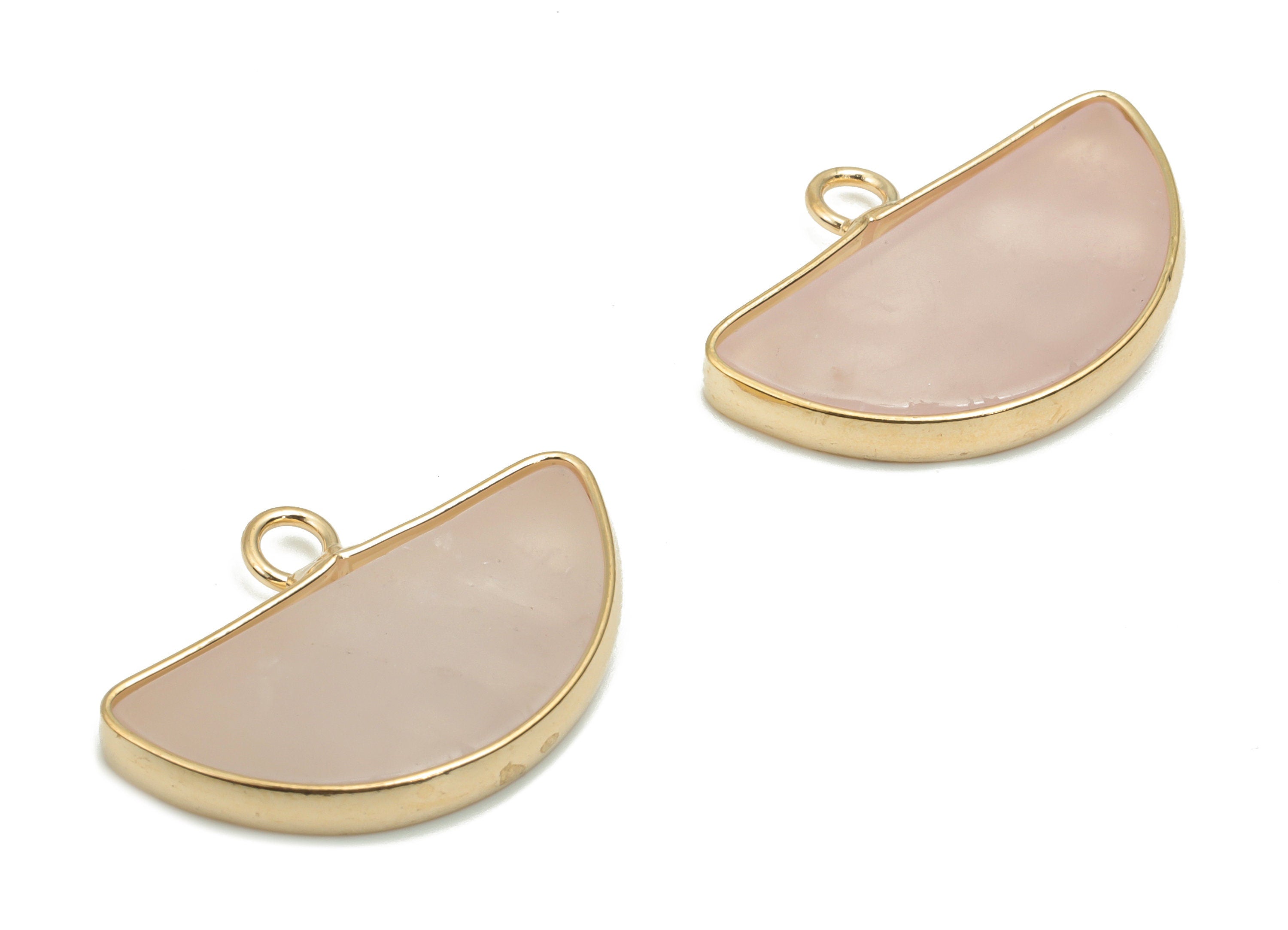 Rose Quartz Crystal Half Moon Earring Charms - Brass Semicircle Pendant - Natural Stone - Gold Tone Plated Brass – 24.25x16.7x2.9mm – NS1768 - DOMEDBAZAAR
