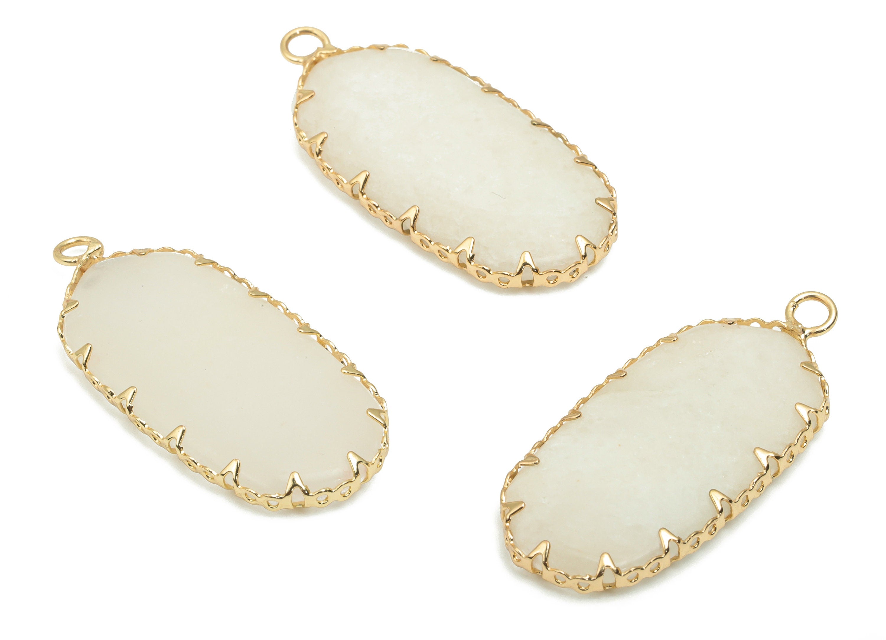 White Jade Long Oval Earring Charms - Brass Oval Pendant - Natural Stone - Gold Tone Plated Brass – 34.73x15.62x3.93mm – NS1771 - DOMEDBAZAAR